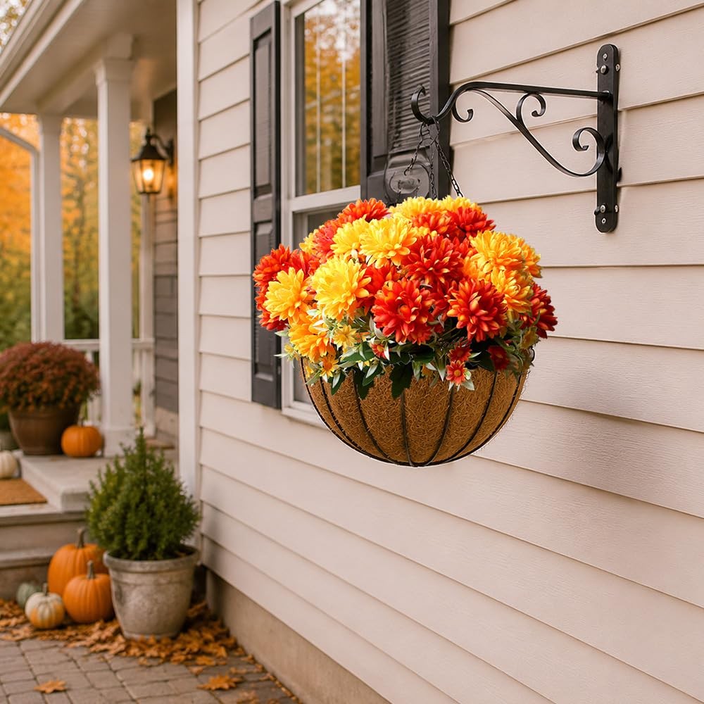 Artificial Fall Flowers for Outdoors Faux Mums Burnt Orange Yellow Marigold O…
