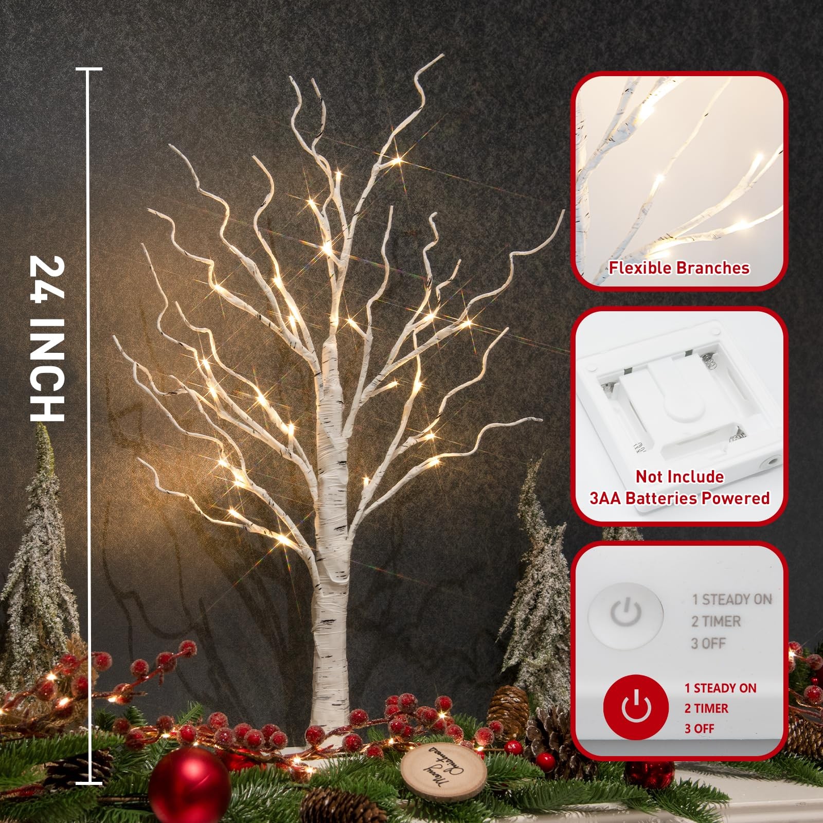 Christmas Tree Decorations, White Birch Tree with LED Lights- Set of 4, Warm Whi