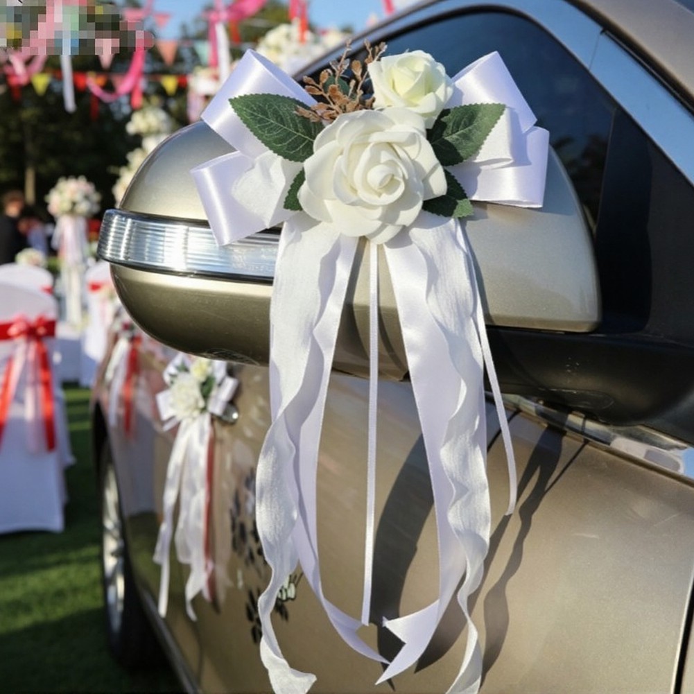 Flower Bow Car Mirror Decor for Wedding Use Plastic 36x17cm with Suction Cup