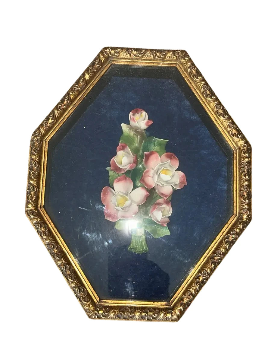 Vintage Octagonal Shadow Box 3D Porcelain Rose Bouquet Gold Ornate Frame