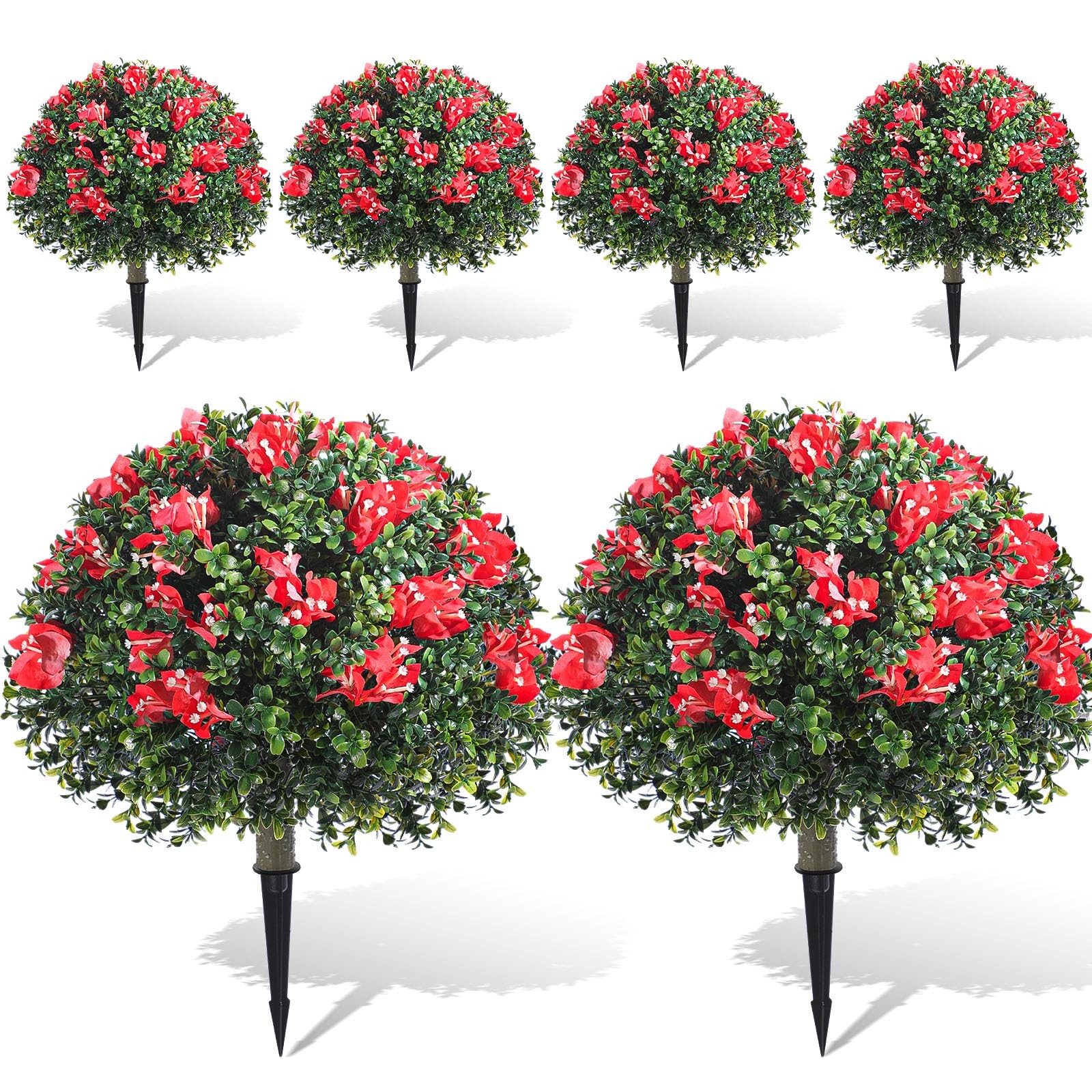 6 Pack 18″ Artificial Boxwood Topiary Balls with Bougainvillea Flowers with S…