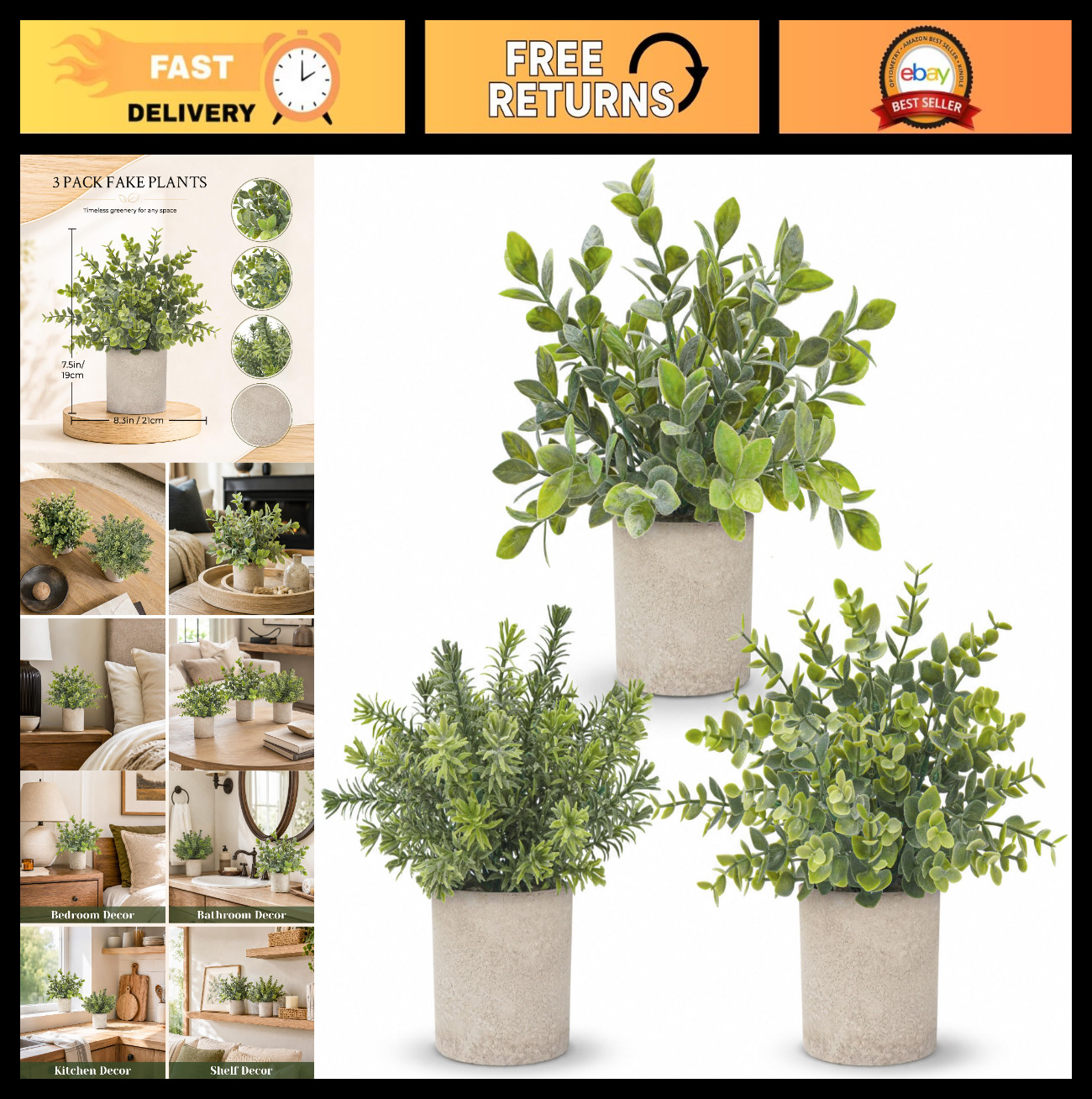 3 Pack Artificial Eucalyptus Plants – Sage Green Faux Plants for Home & Office D