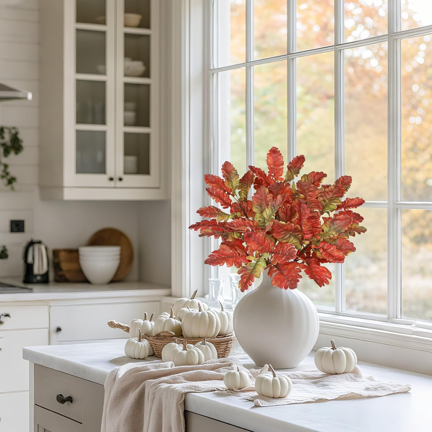 Faux Oak Leaf Branches 5 Pcs Fall Leaf Stems for Vases, 18″ Fall Leaves Stems Ar