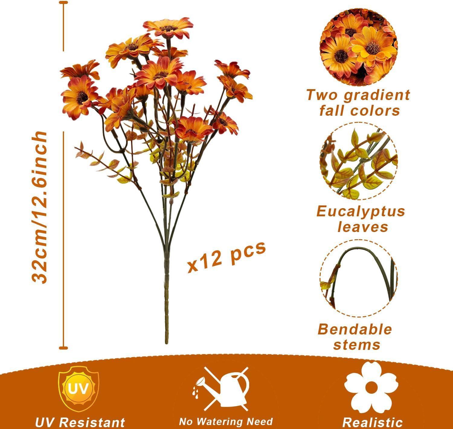 12 Bundles Artificial Mums for Outdoor Faux Silk Daisy Fall Flowers | UV Resista