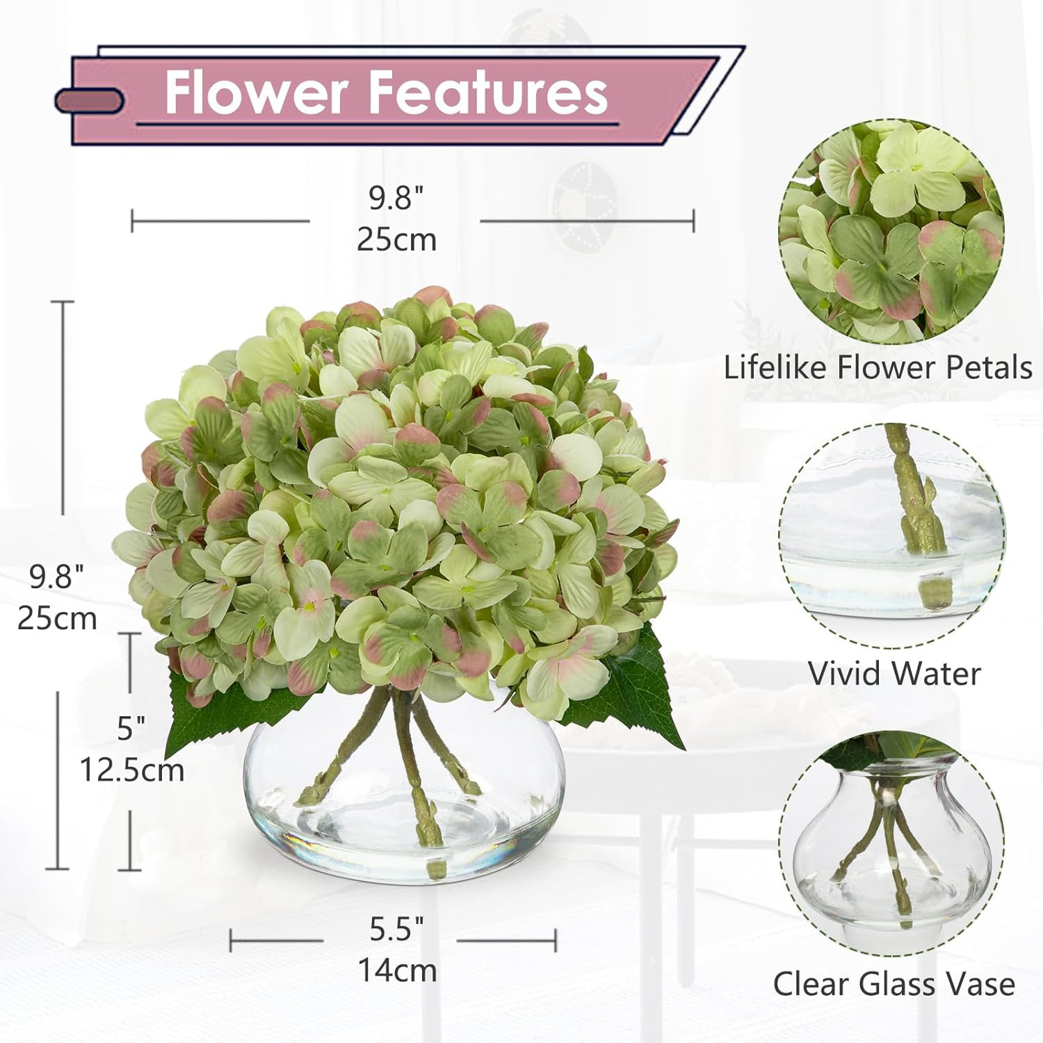 Hydrangea Artificial Flowers with Glass Vase Dark Green Silk Faux Flowers Arrang