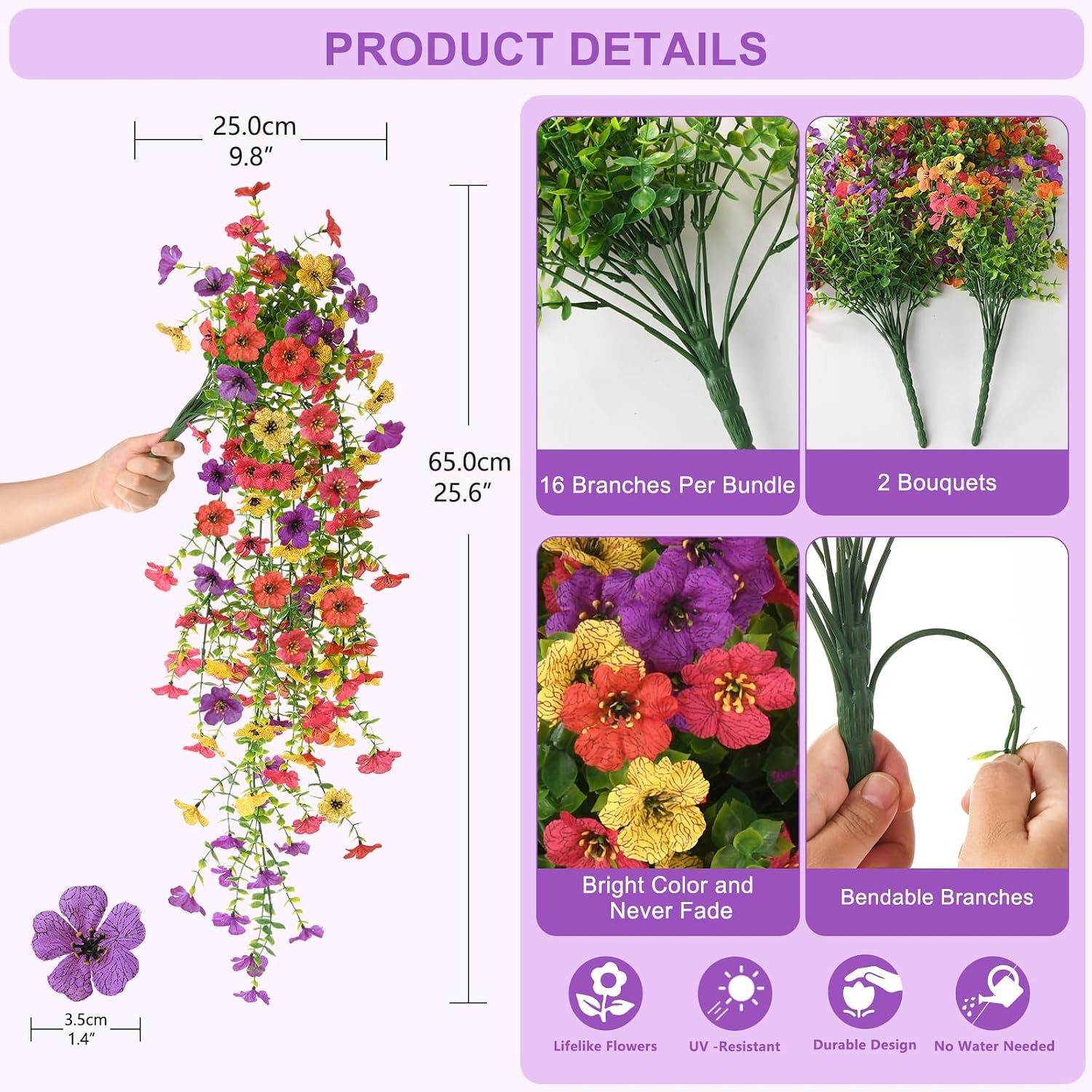 Artificial Hanging Flowers for Outdoors, 2 Pcs Fake Hanging Plants Spring