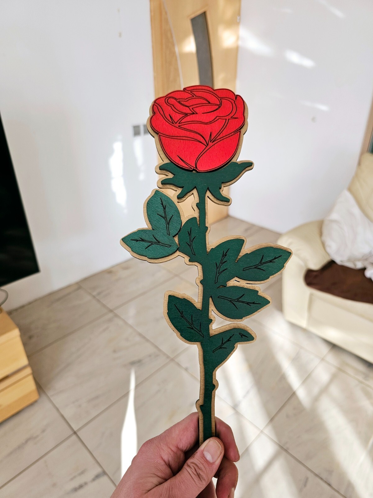 Oversized Wooden Rose – Personalized Large Decorative Red Rose with Gold Base