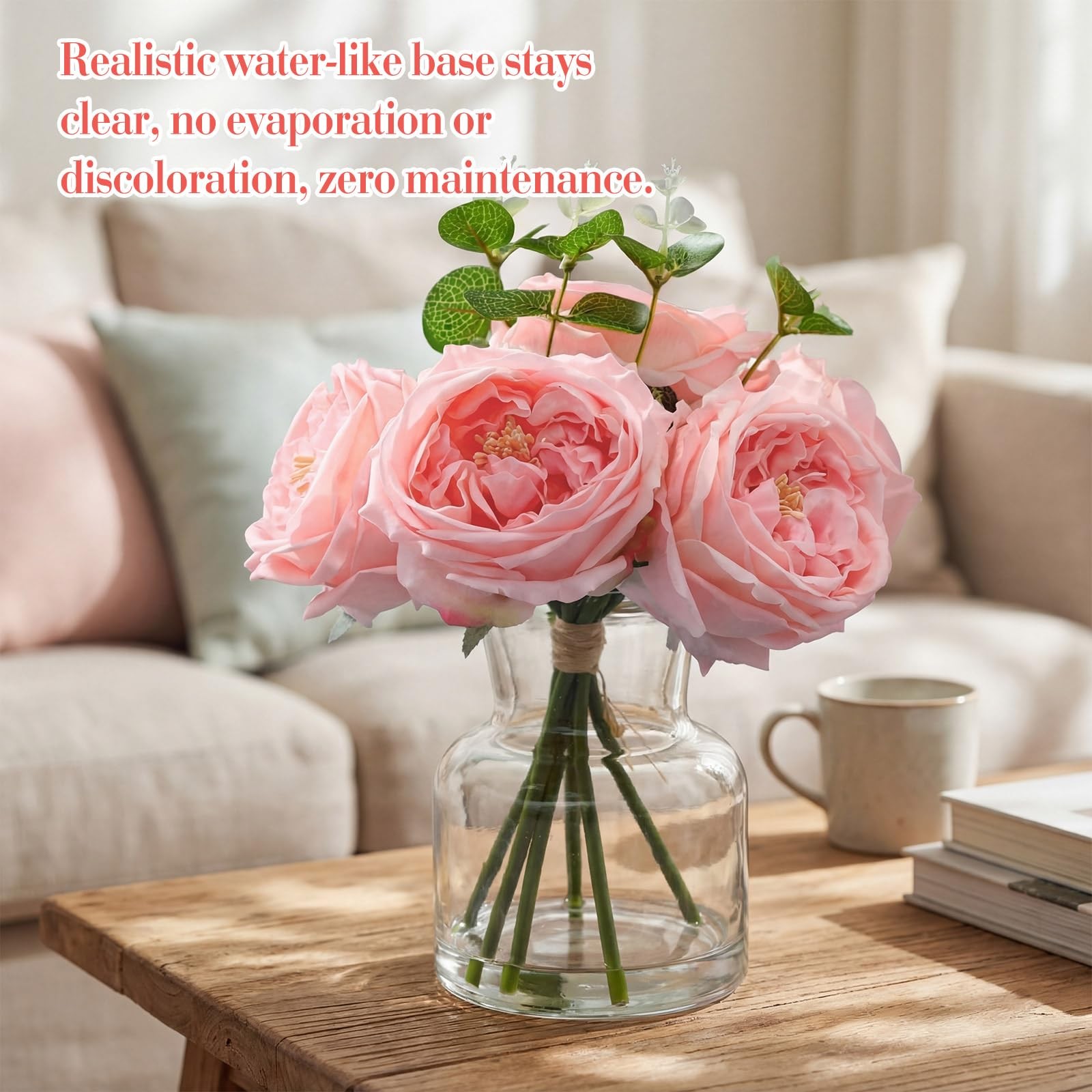 6 PCS Real Touch Peonies Artificial Flowers Faux Austin Rose In Vase Pink