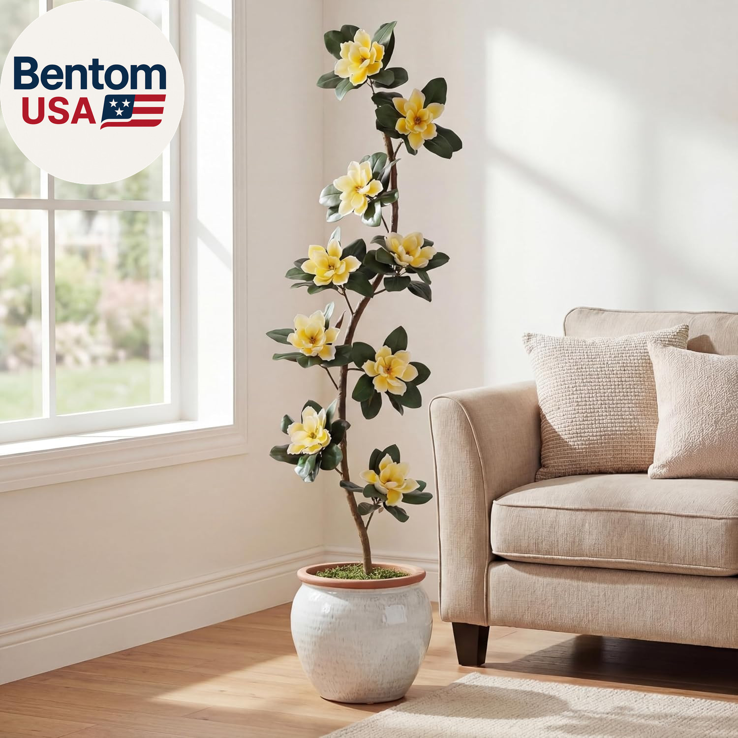 7 Ft Artificial Rubber Tree with 9 Magnolia Flowers in Pot Extra Tall Faux Magno