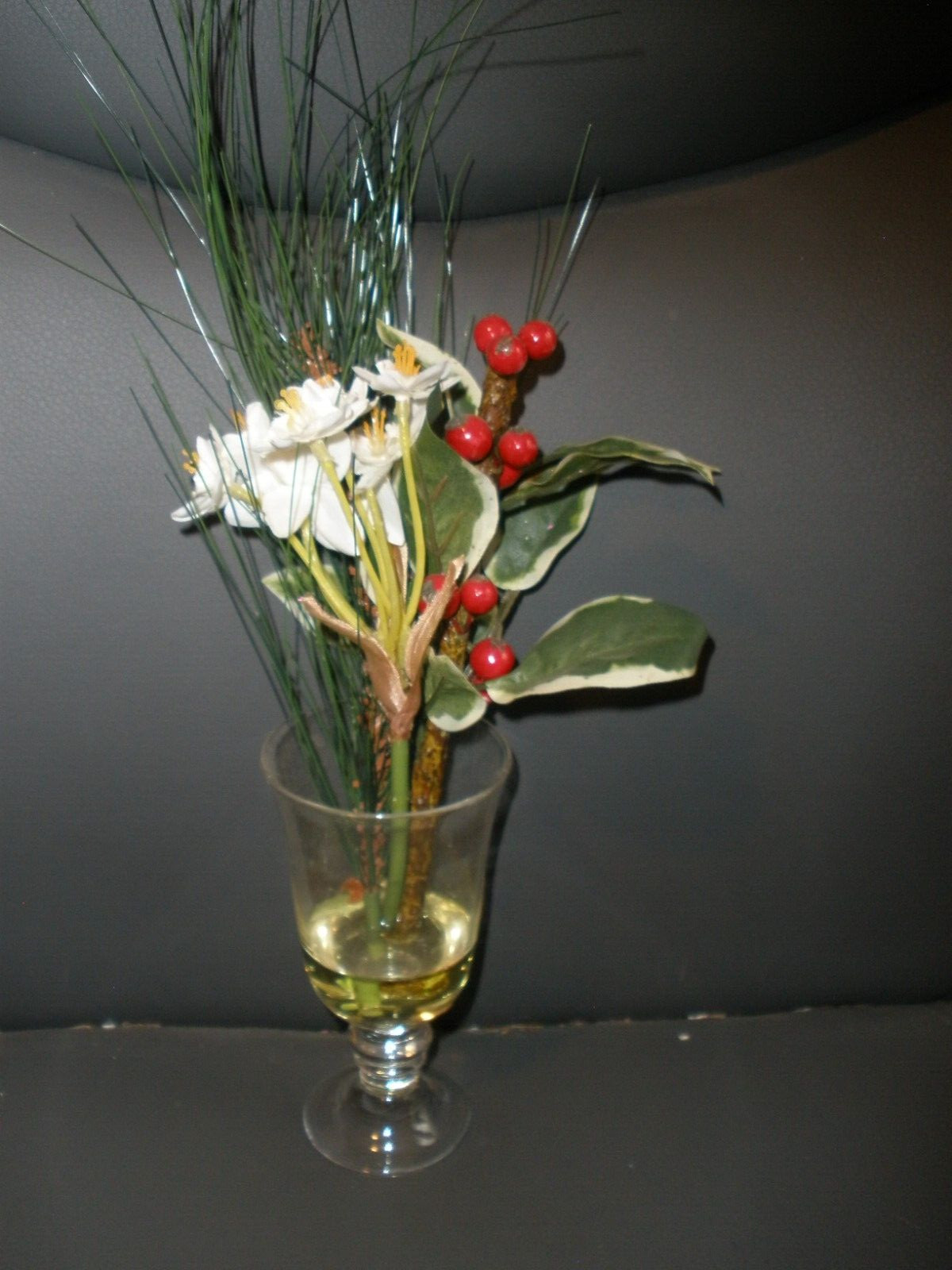 Drinking Glass with Faux Flower Arrangement & Fake Liquid 13″ Tall EUC