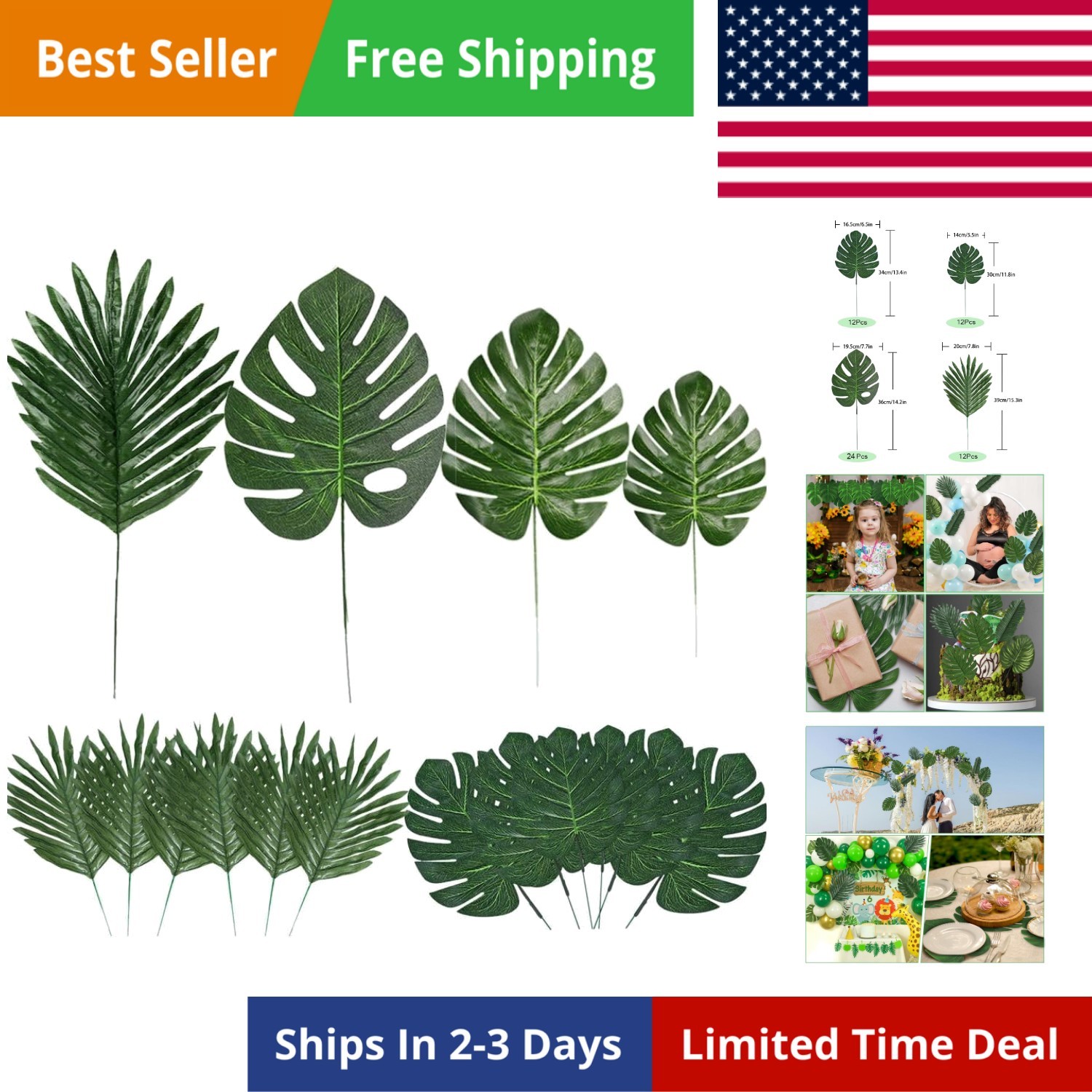60 Pieces 4 Kinds Artificial Palm Leaves with Faux Stems Tropical Plant Leave…