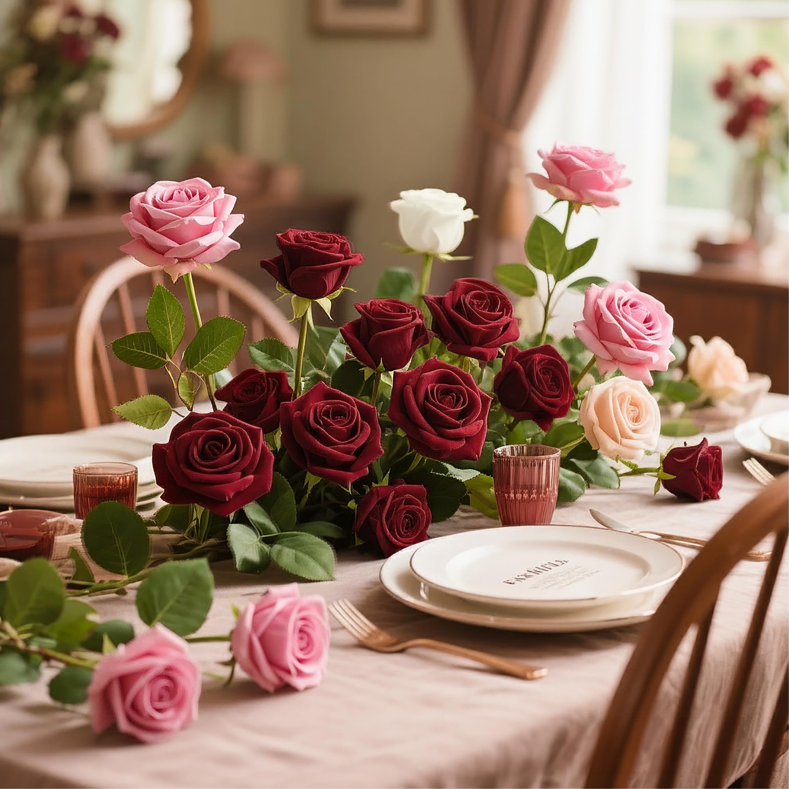 14PCS Burgundy Roses, Burgundy Roses Artificial Flowers, Velvet Silk Rose Bou…