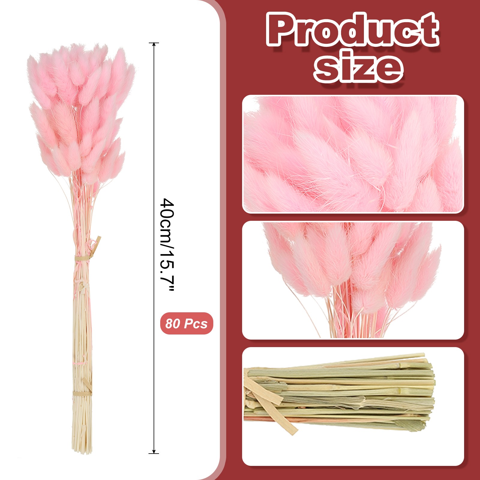 15.7in Bunny Tails Dried Flowers, 80pcs Pampas Grass Decor Rabbit Tail, Pink