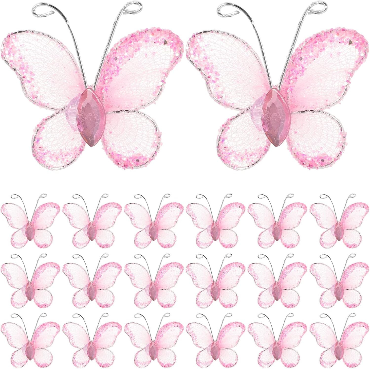 50Pcs Small Pink Butterflies Craft Pieces DIY Sheer Mesh Wire Glitter Butterfly