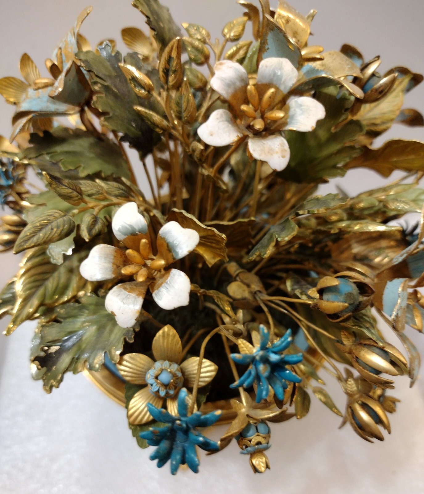 Enameled Flower Bouquet Tipped In Real Gold Labeled Italy Enameled Metal Aqua