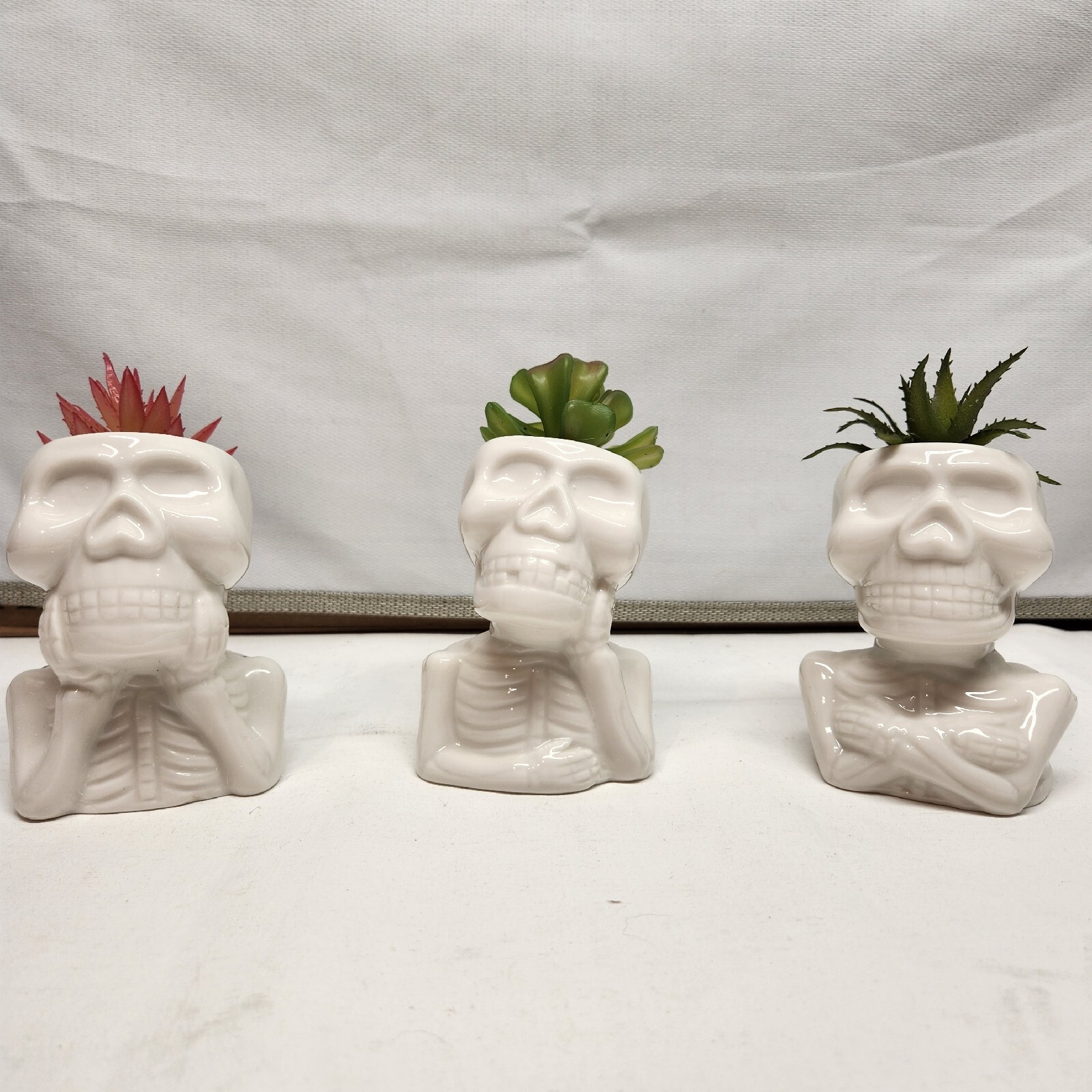 unique ceramic skull Faux planters glossy white finish playful skeleton design