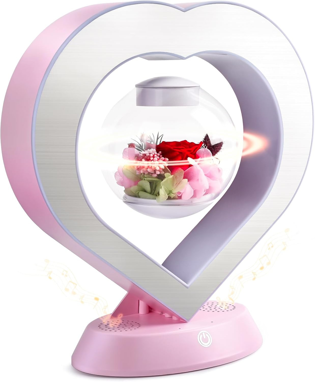 Heart Preserved Rose Flowers with Bluetooth Speakers, 5W Pink Magnetic Levitatio