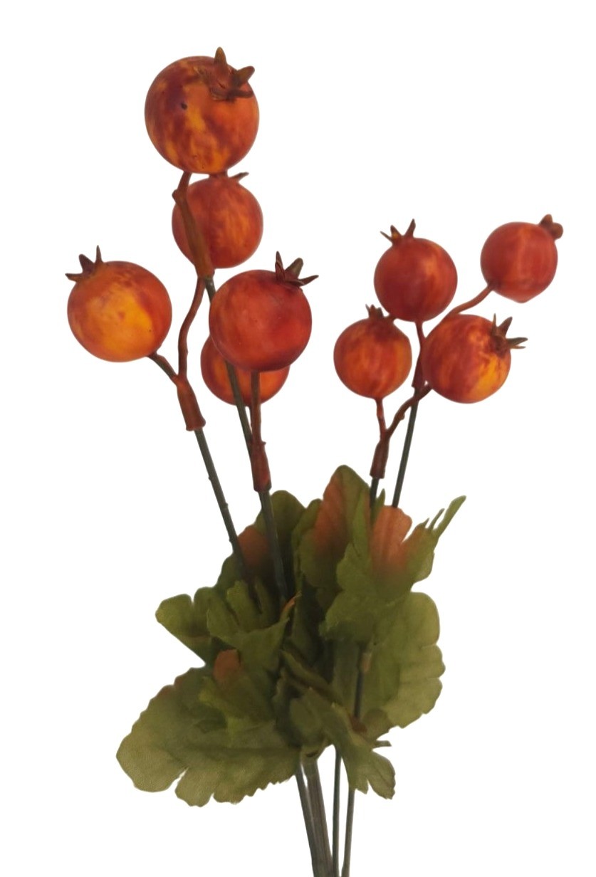Artificial Floral Berry Stem With Orange & Green Leaves For Seasonal Decor
