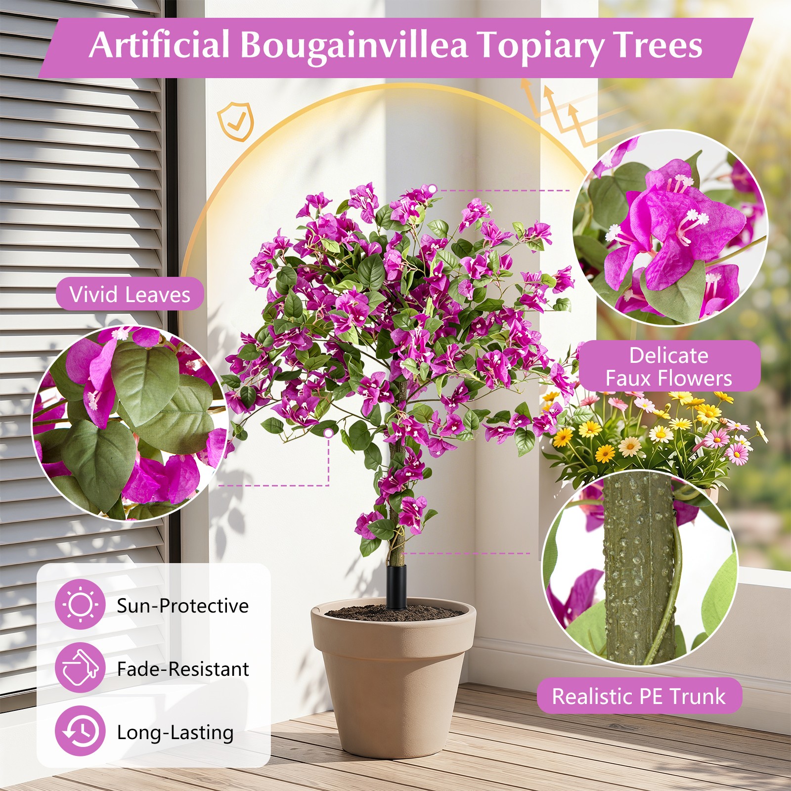 2 Pack Bougainvillea Artificial Trees w/Stable Ground Spike, PE Trunks for Porch