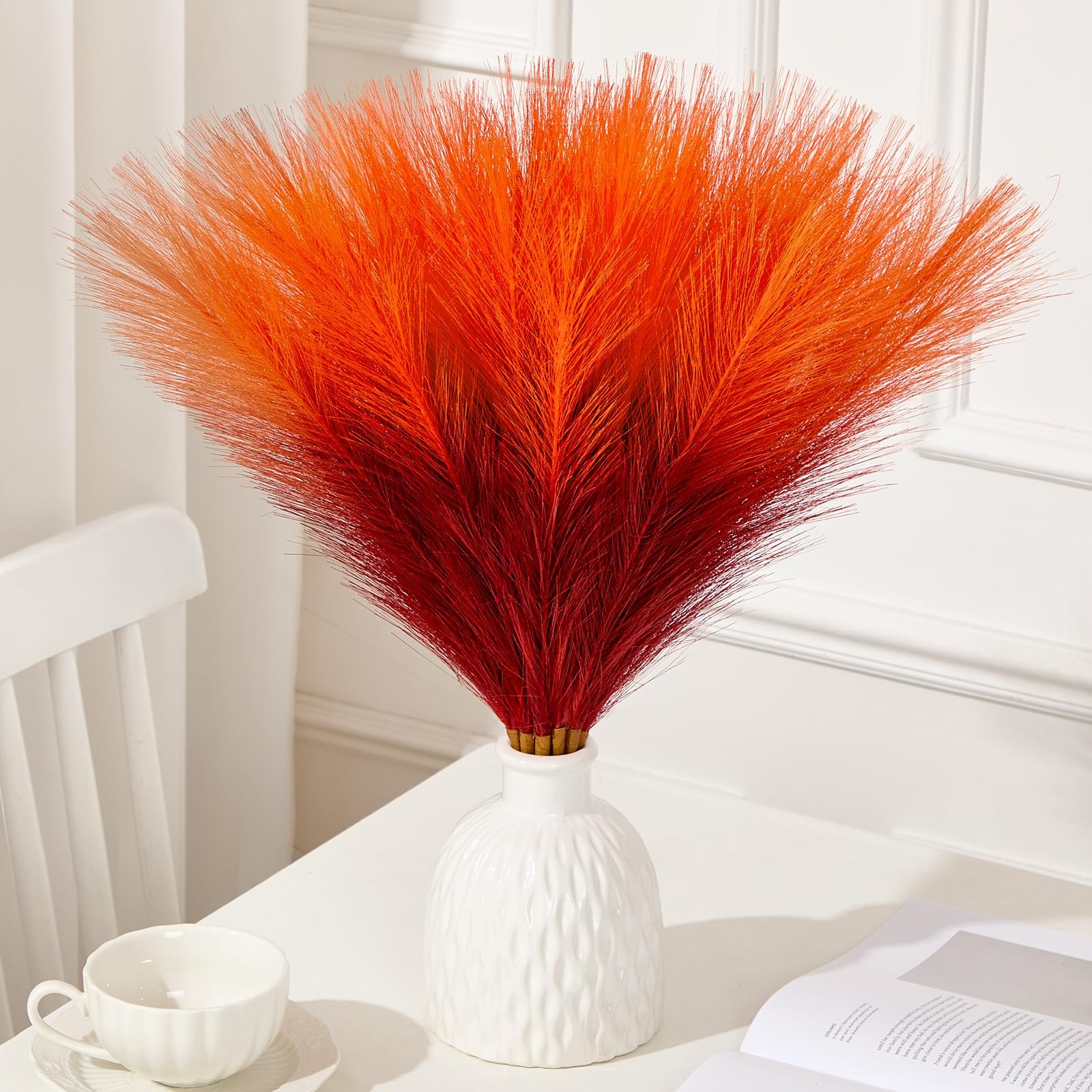 Gradient Burgundy Orange Pampas Grass Decor 17.7 Inch Faux Artificial 6 PCS