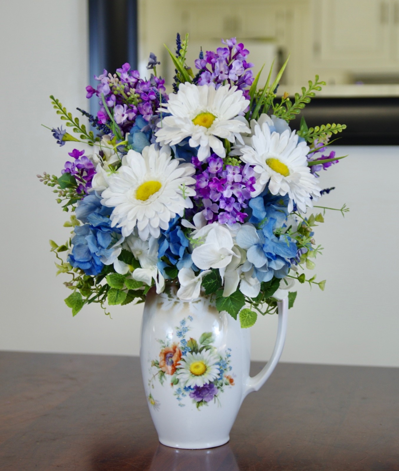 Silk Daisy and Lilac Arrangement in 1800’s Germany Lusterware Coffee Pitcher