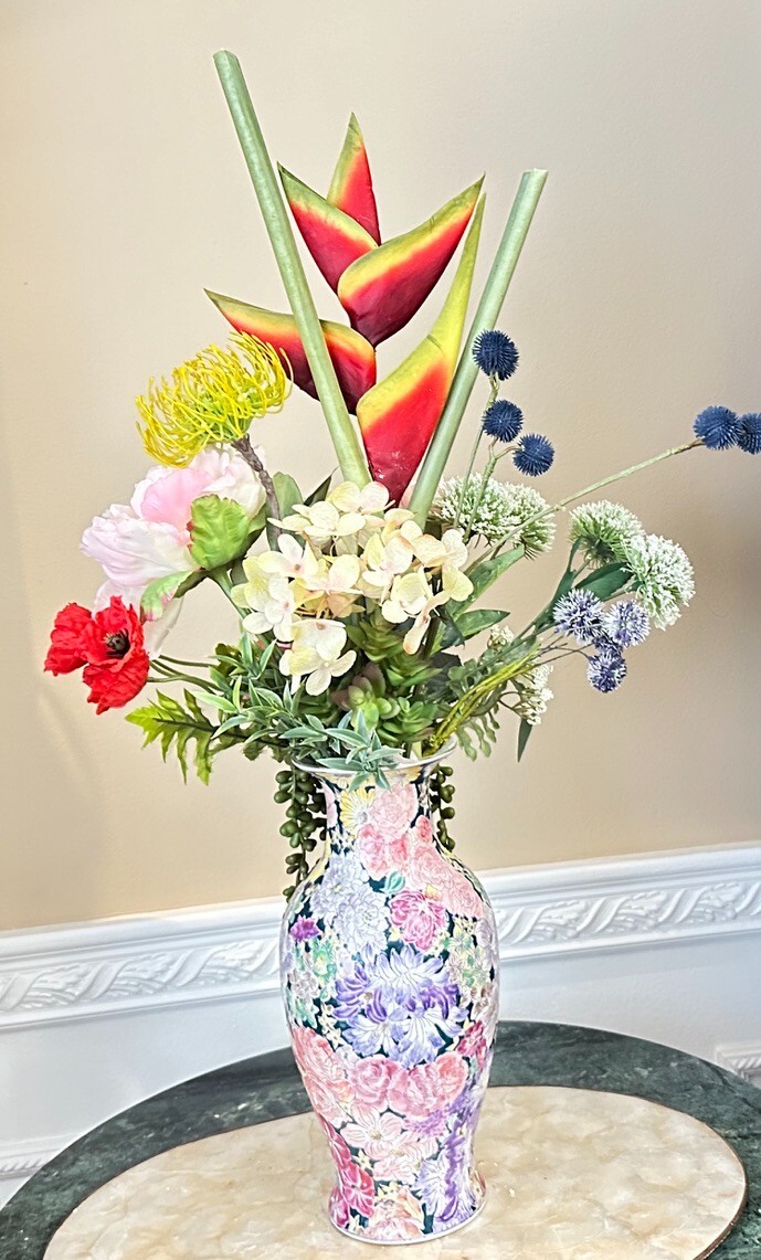 Floral Arrangement Centerpiece Multi-Colored Silk Flowers In Enamel Floral Vase
