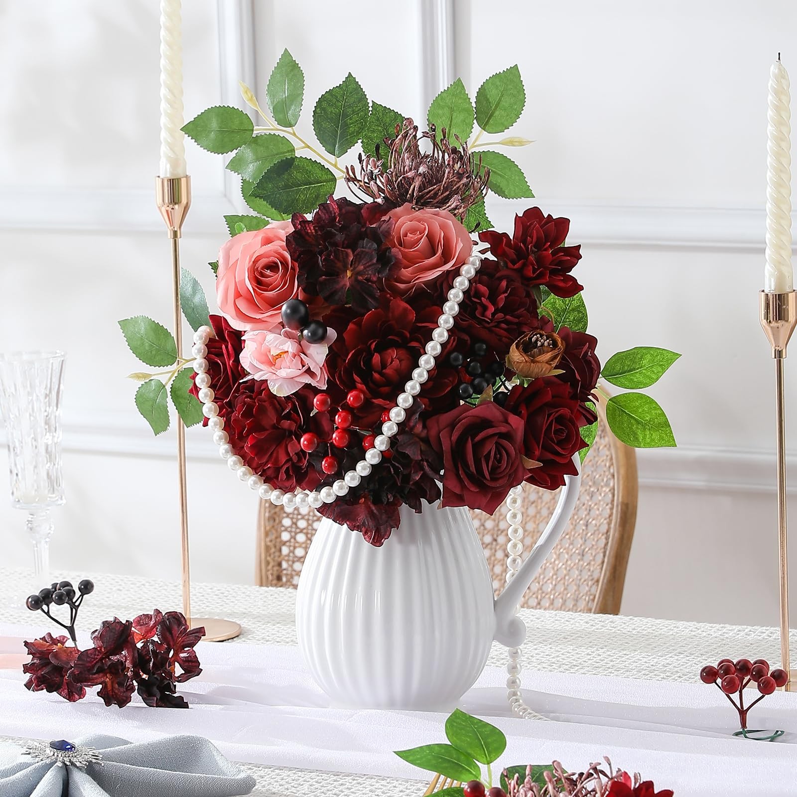 Mature Burgundy Silk Artificial Flowers Combo Box Set Wedding Bouquet Decor