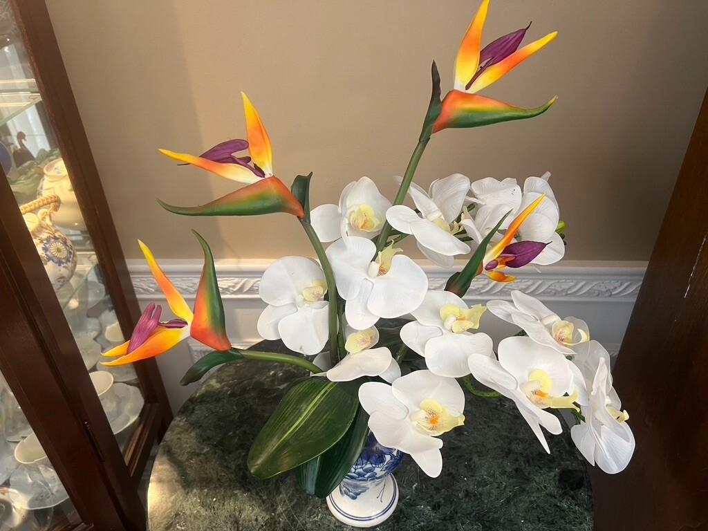 Floral Arrangement with Multi-Colored Silk Flowers in a Blue White Vase