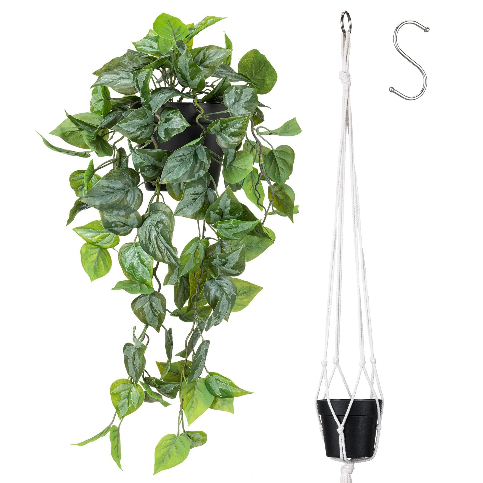 Artificial Pothos Hanging Plant, Fake Pothos with Woven Net, Realistic Faux I…