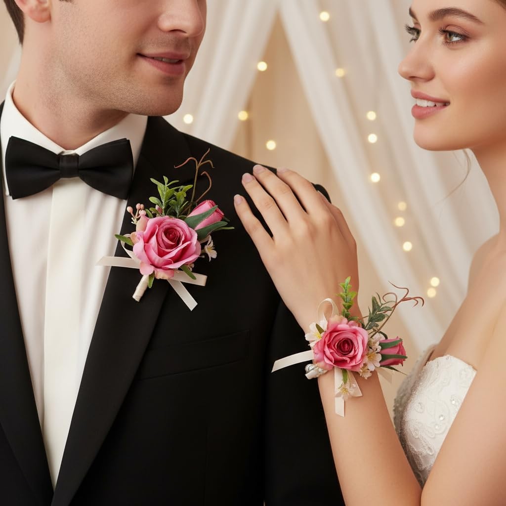 Pink Rose Corsage Boutonniere Set Groomsmen Buttonholes Wrist Decoration