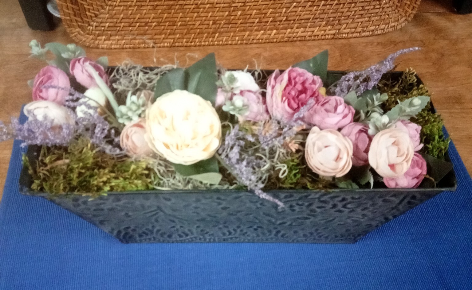 Silk Floral Arrangement Centerpiece In Metal Tin Embossed Container 13 x 5 x 5