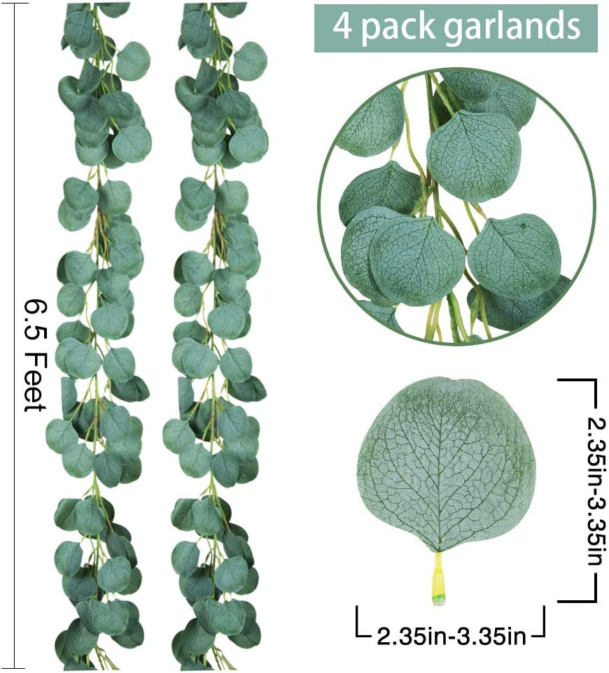 4 Pack 6.5 Feet Artificial Silver Dollar Eucalyptus Leaves Garland Wedding Decor