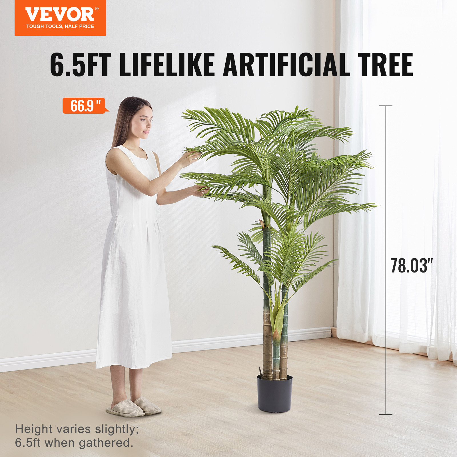 VEVOR 6.5 FT Artificial Gold Cane Palm Tree Green Faux Lifelike Fake Plant Decor