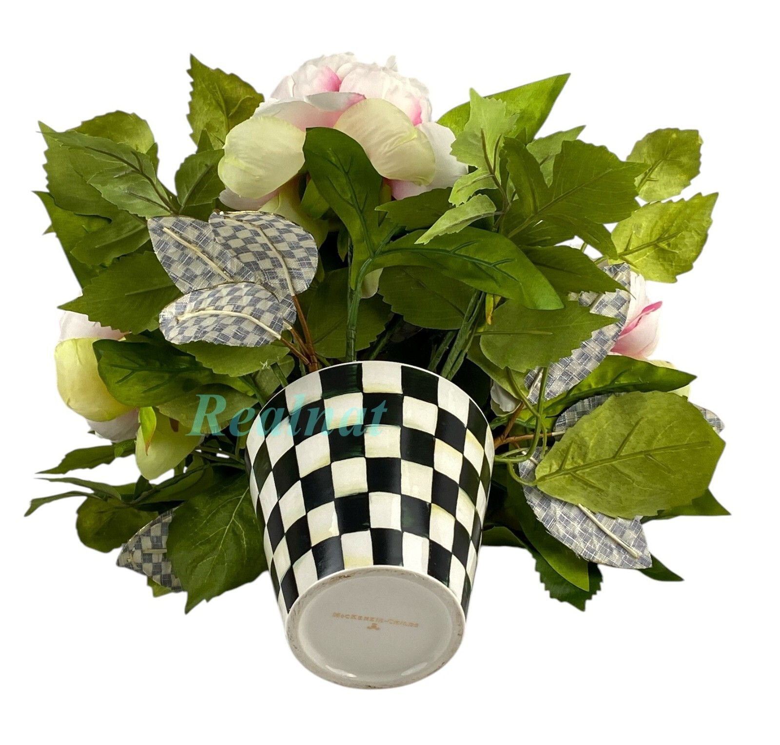 MacKenzie-Childs PEONY ARRANGEMENT COURTLY CHECK POT & LEAVES 11″ NEW NO BOX