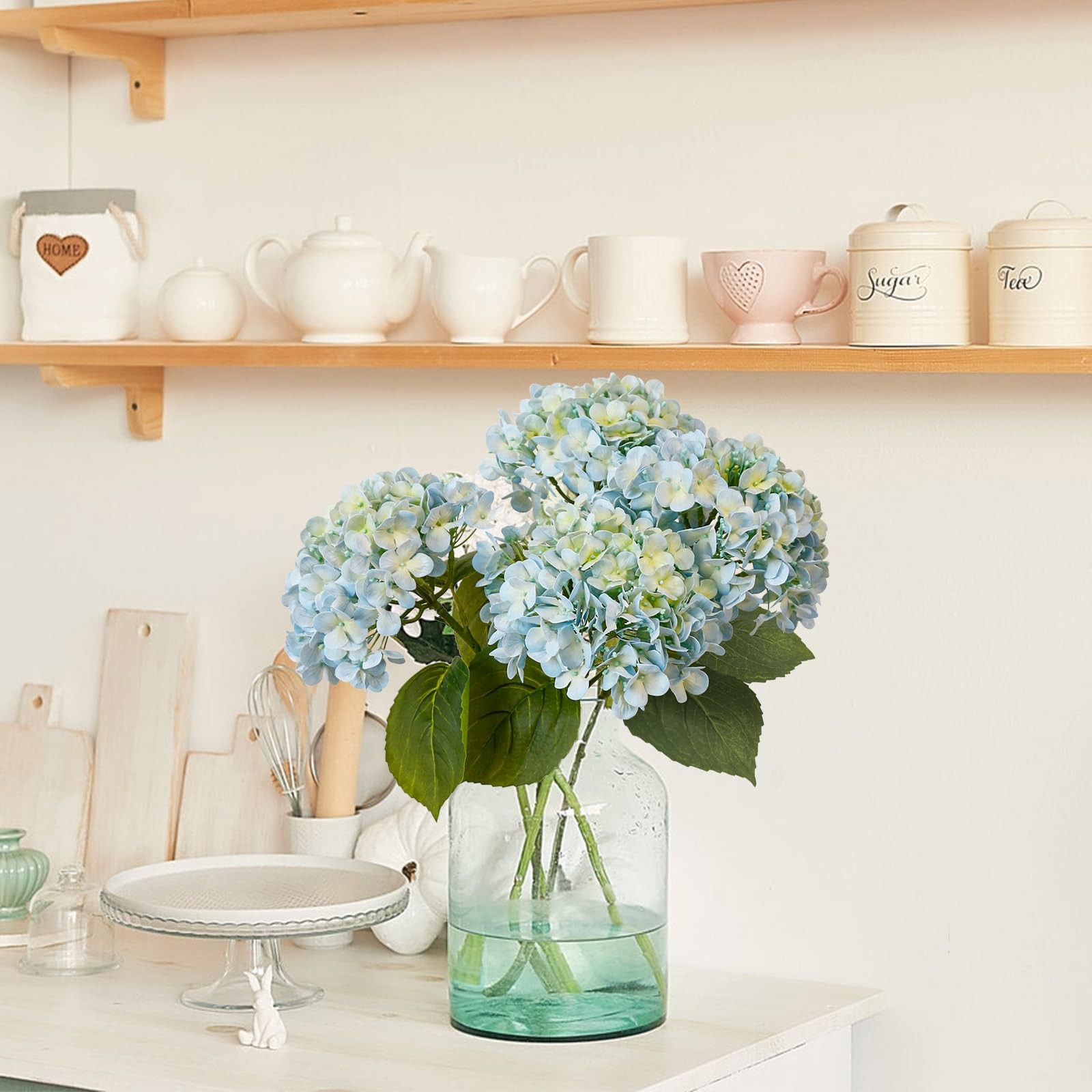 Light Blue Hydrangea Artificial Flowers 21″ Real Touch with 3 PCS Butterflies