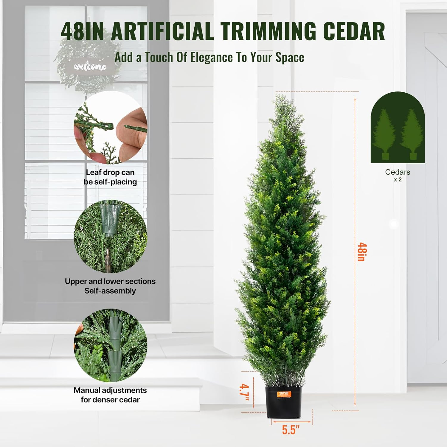 Artificial Topiary Cedar Tree, 48 Inch Tall (2 Pieces), with Extra Leaves & Pot