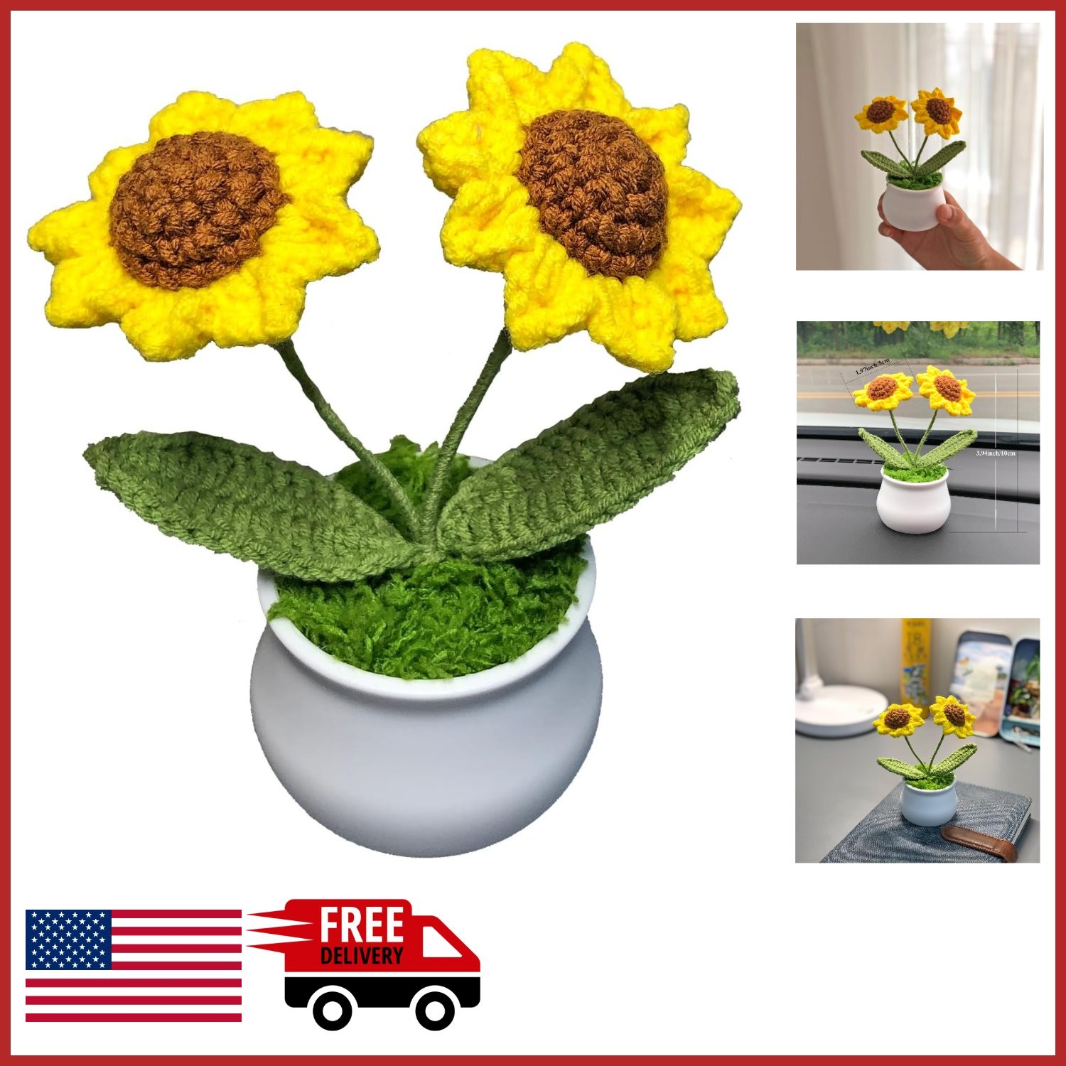 Compact Crochet Flower Decoration for Home Office Car Dashboard Sunflower