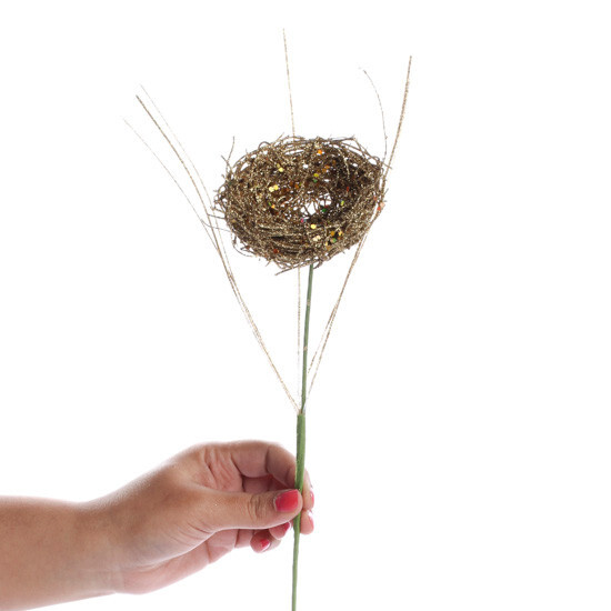 Bulk Package of 12 Gold Glitter Bird Nest 14-1/2″ Tall Picks