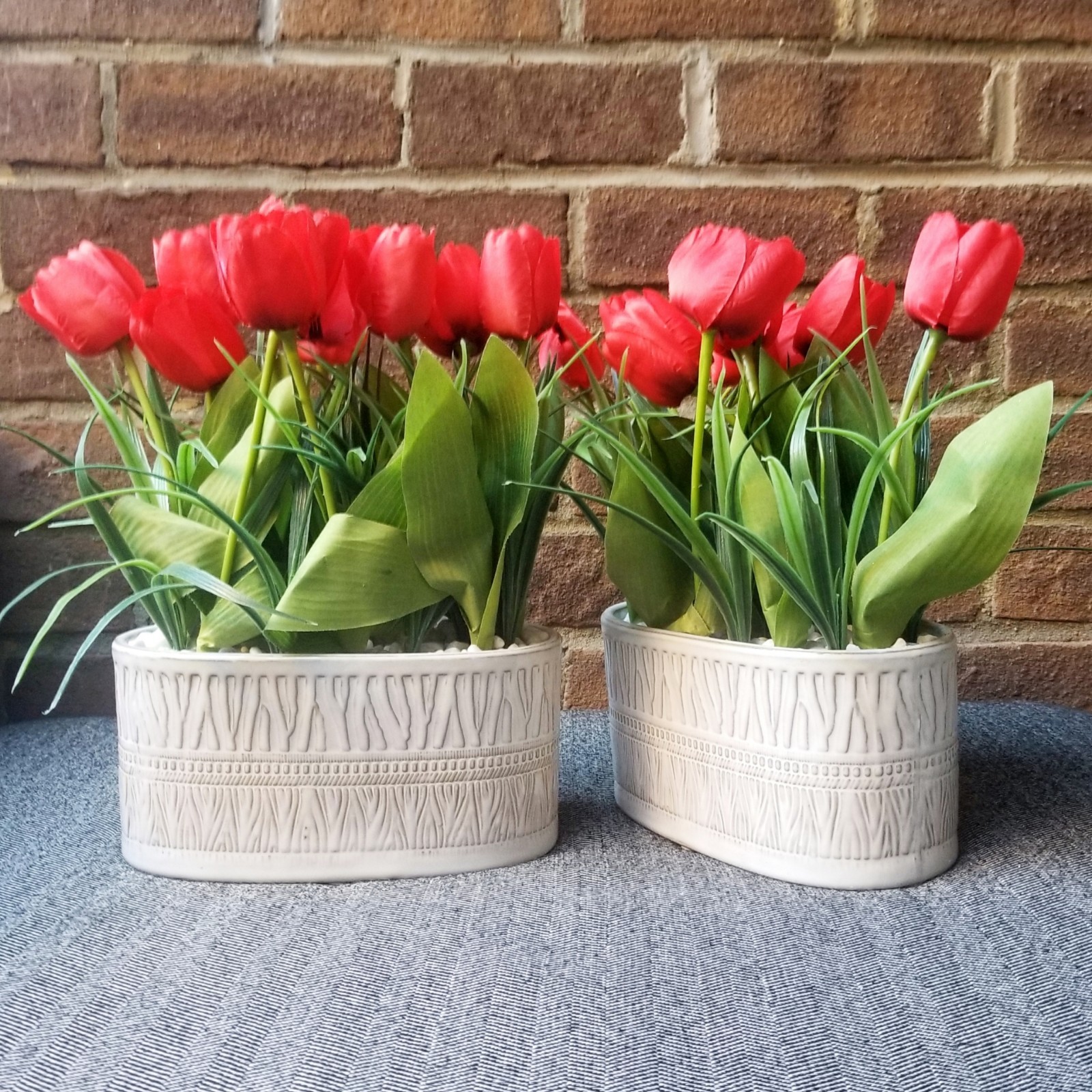 Red Tulips Flowers Planters Artificial Potted Houseplants White Pots Fake Set x2