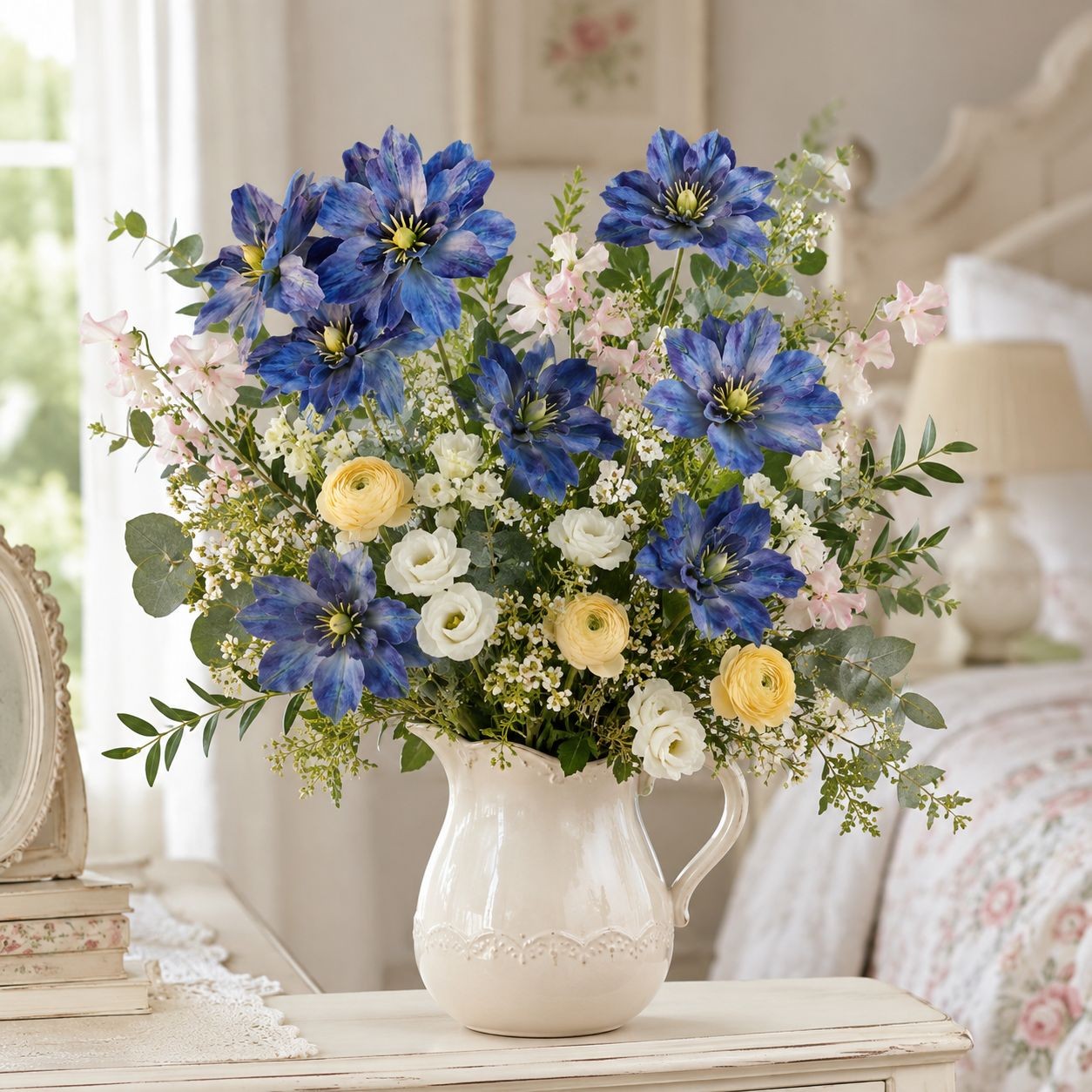 Blue Purple Real Touch Flower Stems Set of 2, 24 Inch Faux Flowers for Coastal C
