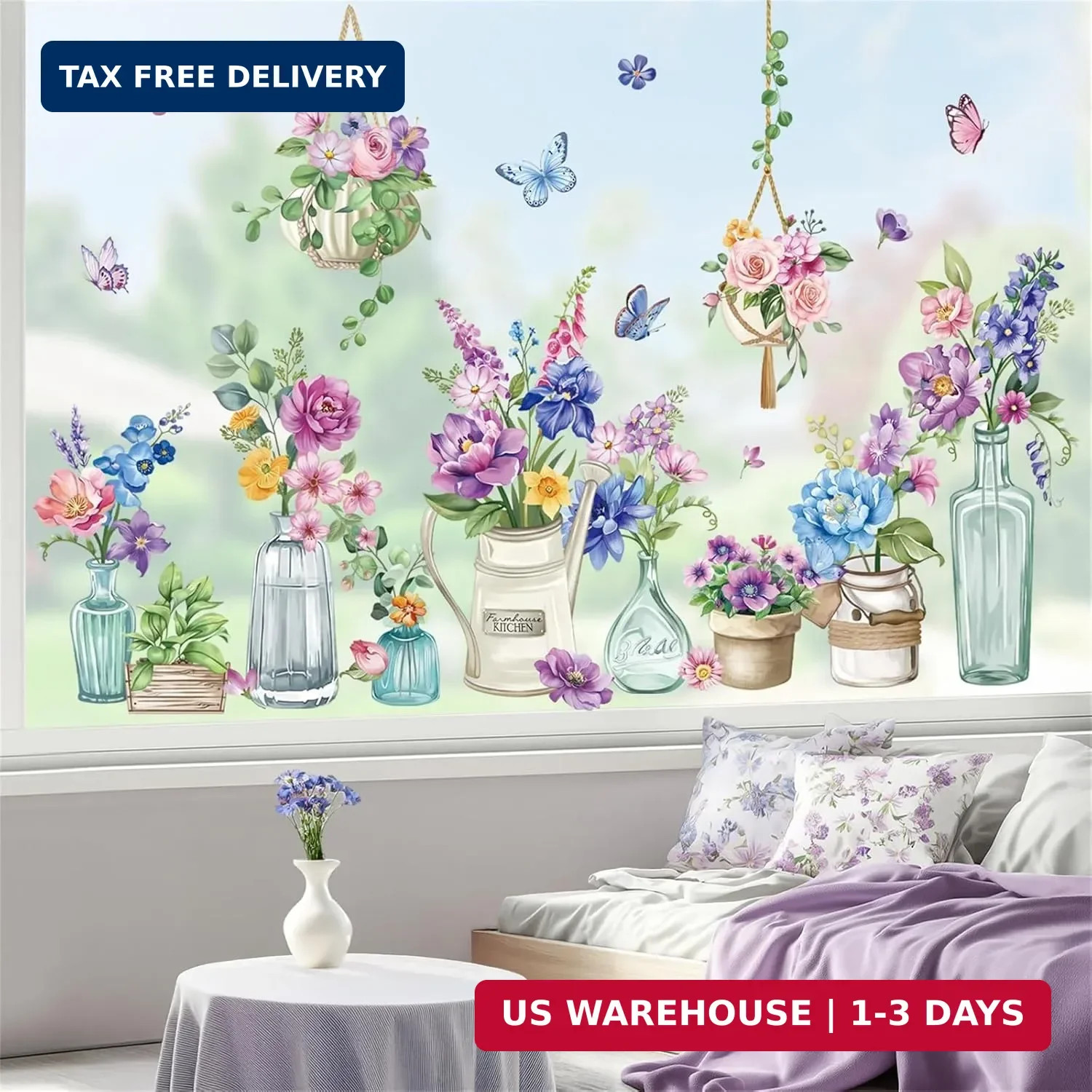 wondever Spring Summer Potted Flowers Window Clings Floral Vase Butterflies Glas