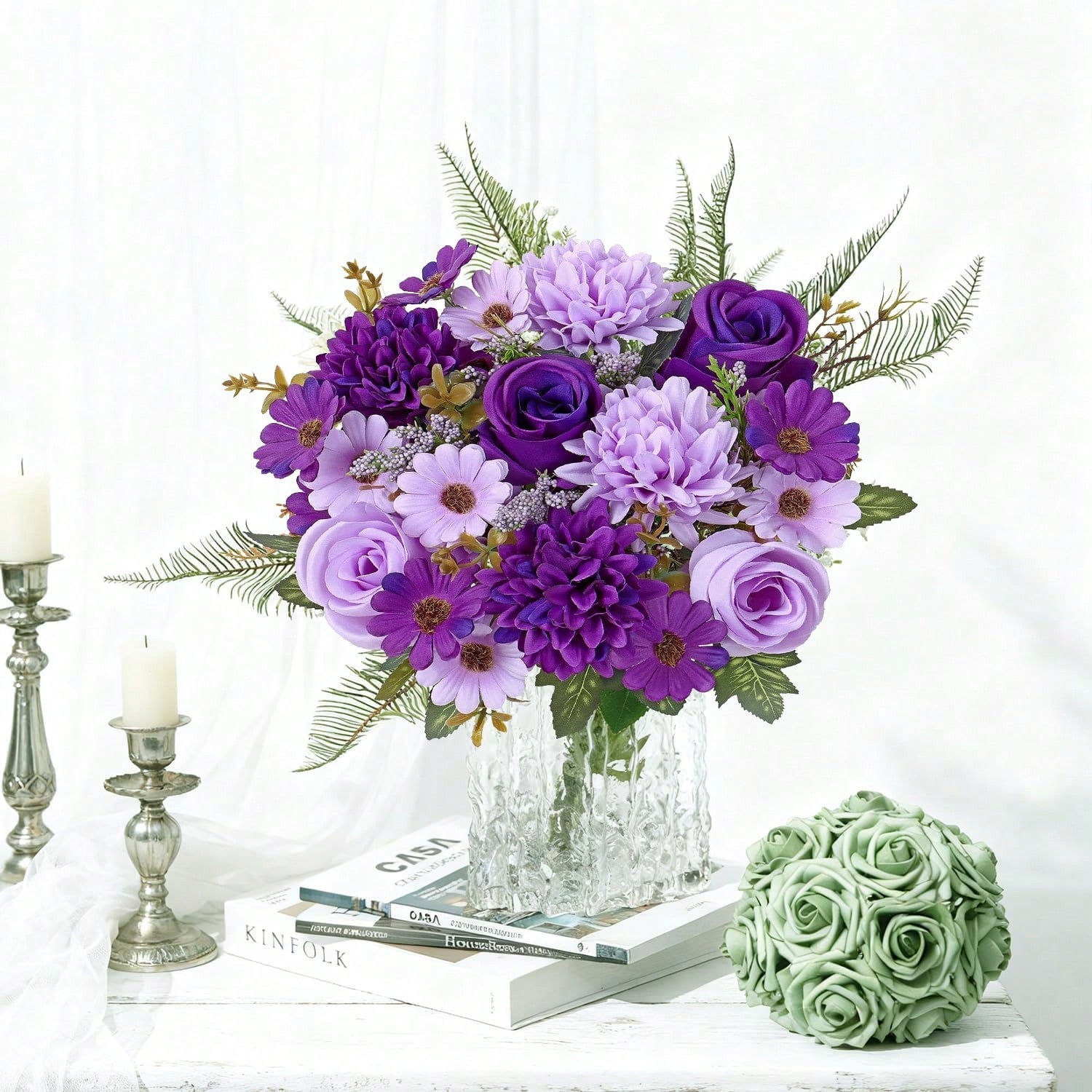 Purple Artificial Silk Flower Bouquet 3 Pieces For Wedding Home Decor