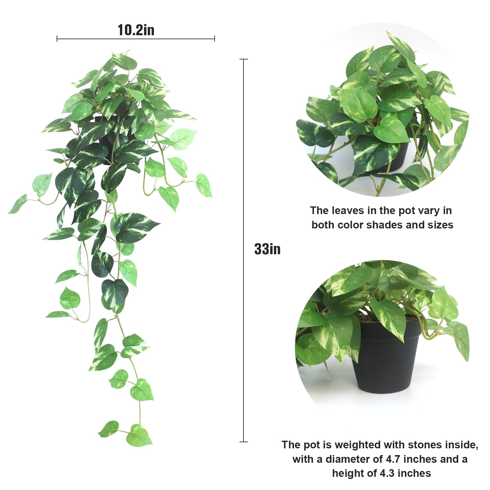 Fake Pothos Hanging Plants 33″ Set of 2 Artificial Silk Ivy Vines with Pots,…