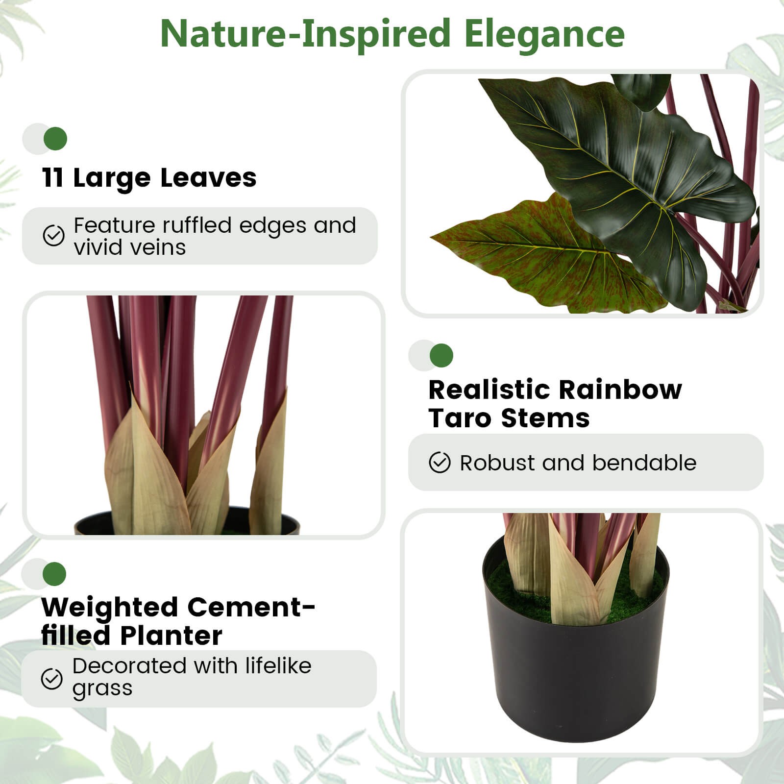 Artificial Rainbow Taro Tree 63″ Tall Fake Pre-potted Plant w/ 11 Faux Leaves