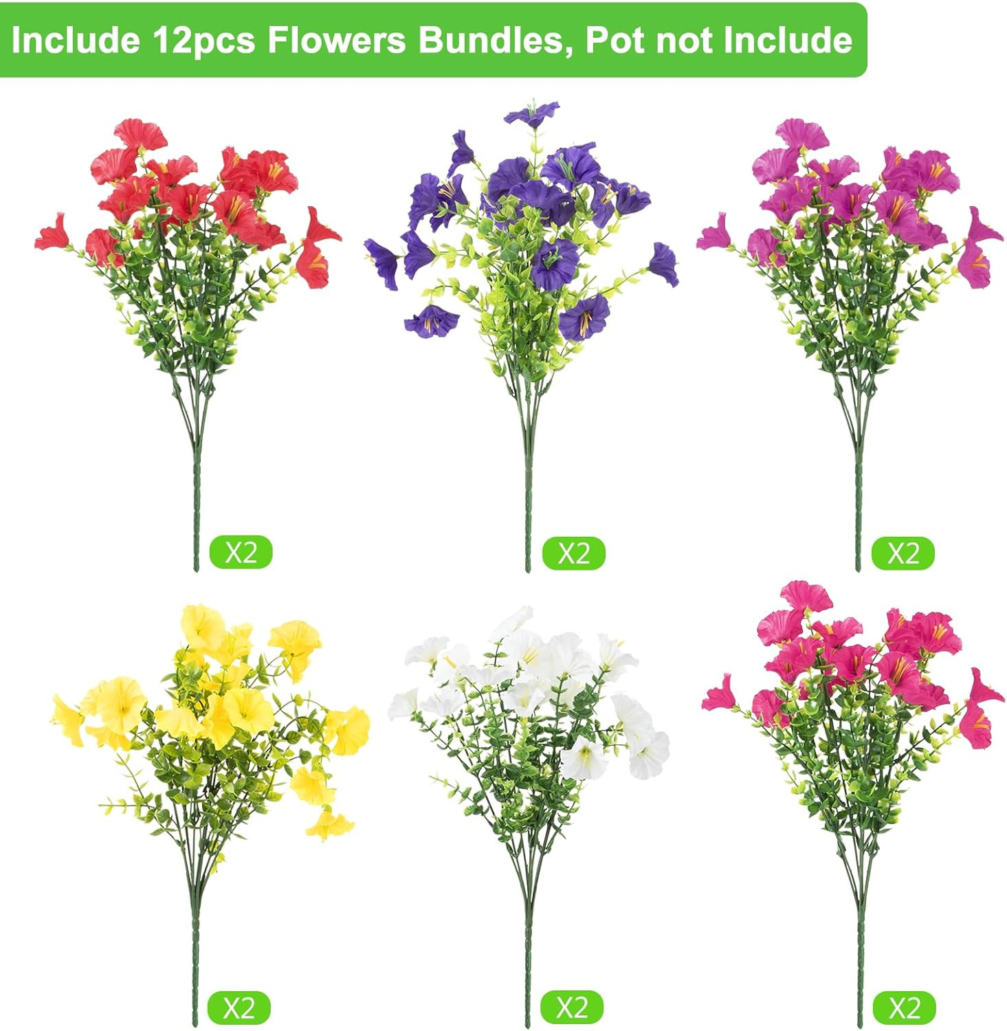 12 Bundles Artificial Flowers for Outdoors Decoration, Faux Silk Morning Glory F