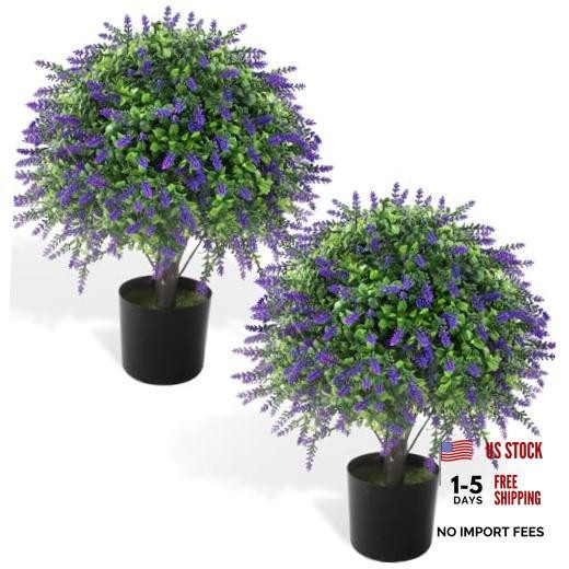 2 Pcs Artificial Lavender Topiary Ball Trees Potted Plants, UV Medium Purple