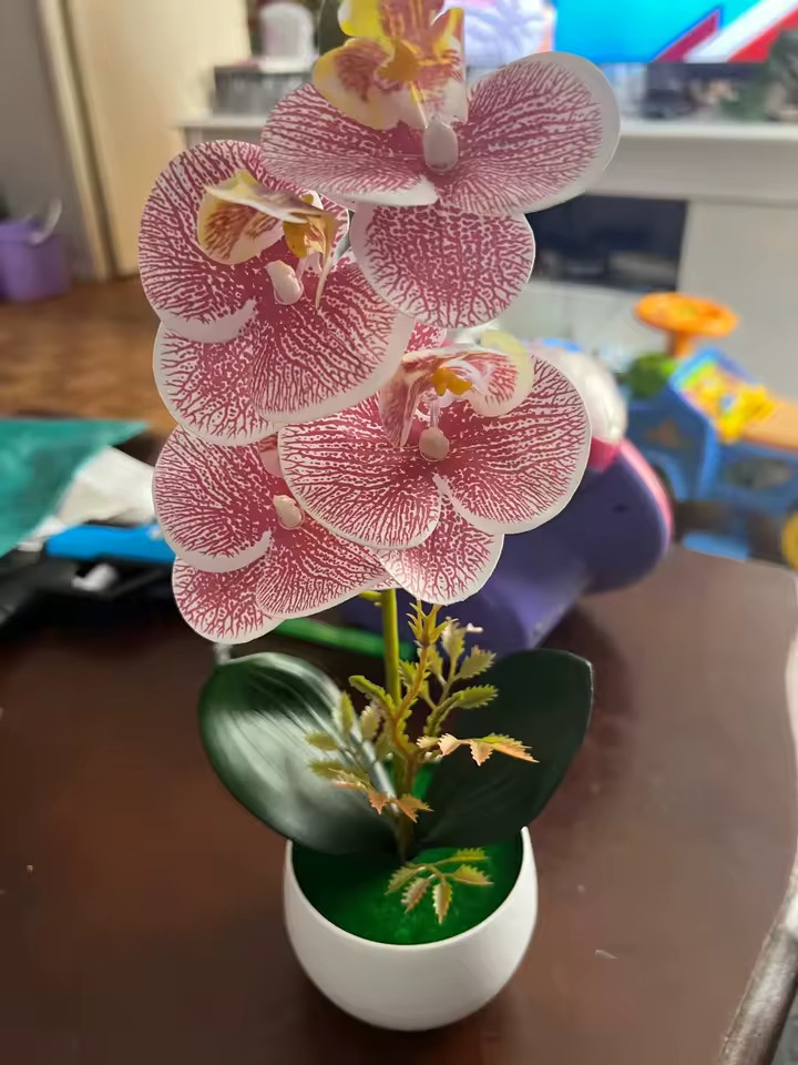 Purple Striped Artificial Orchid Potted Plant Fake Flower Table Decor
