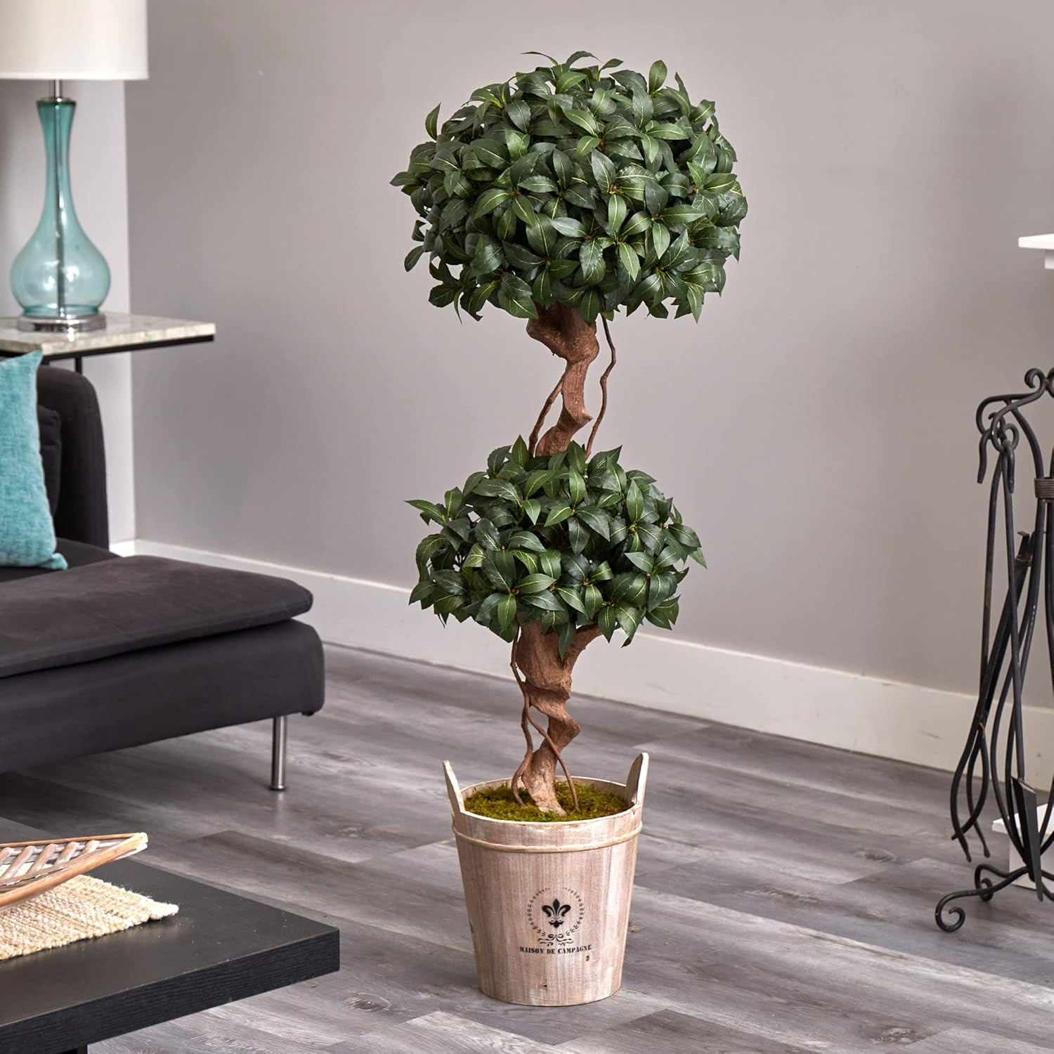 4.5Ft Sweet Bay Double Topiary Tree in Rustic Farmhouse Planter