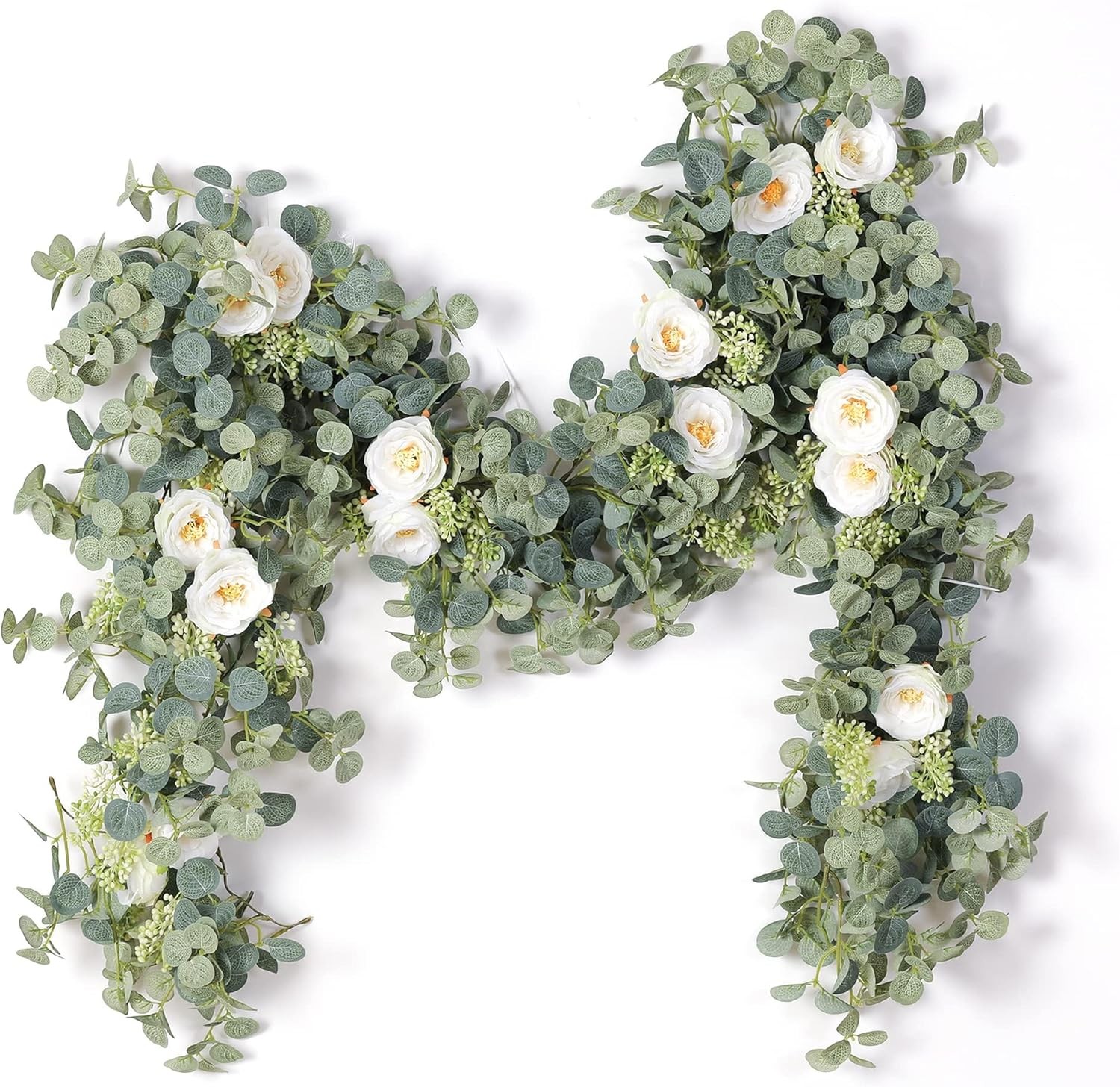 6.56ft Eucalyptus Garland W/ Flowers-8 White Roses Artificial Fake Flowers
