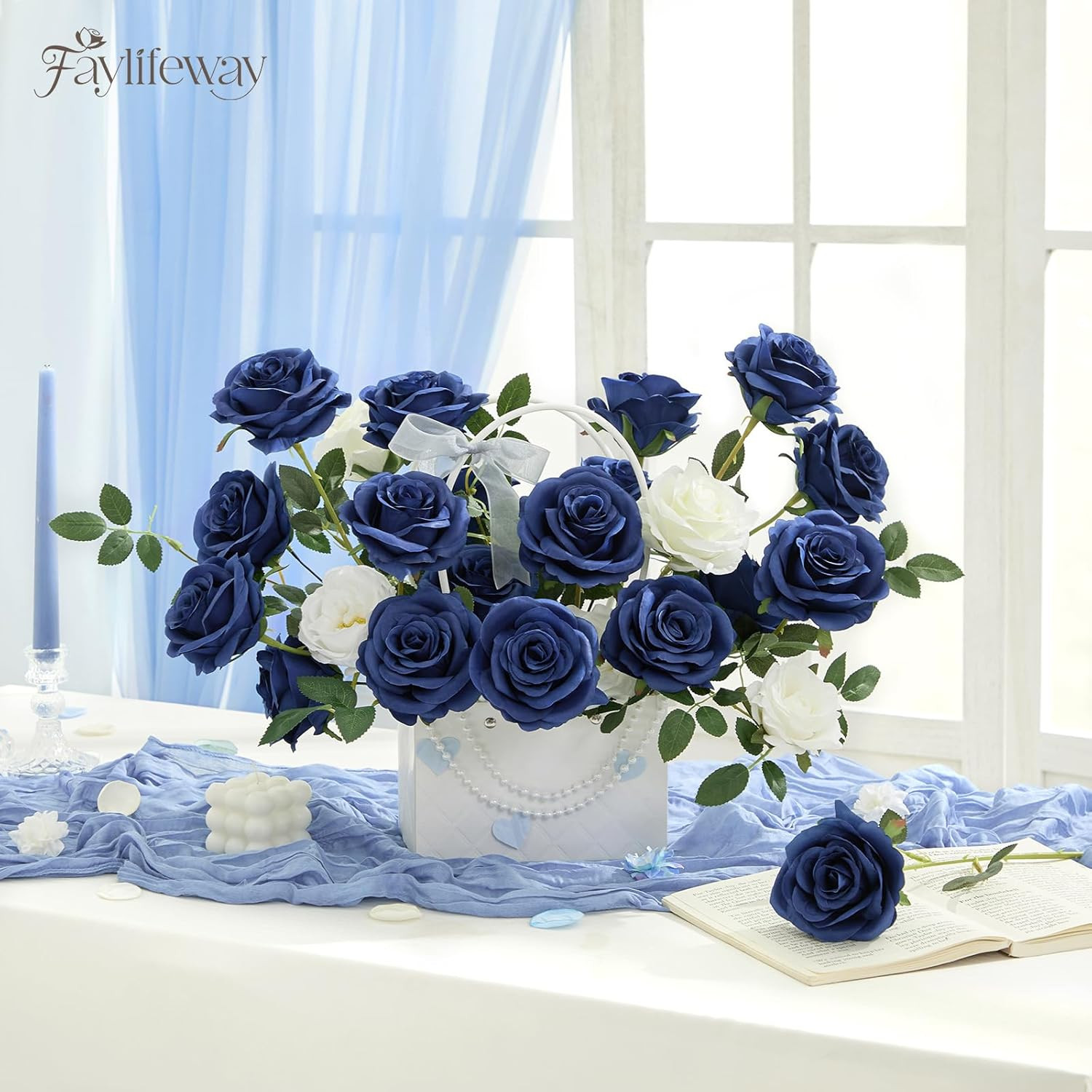 20PCS Artificial Dusty Blue Roses, 3.9” Silk Flower Head Fake Blue Rose with Lo